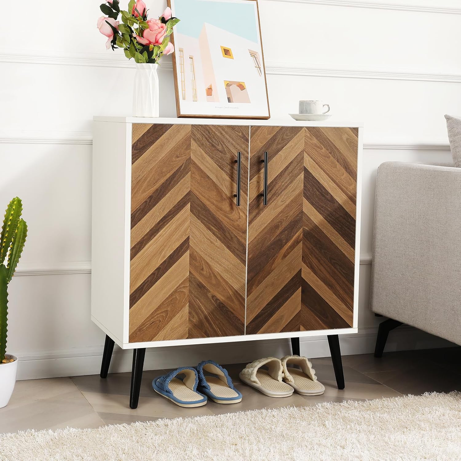 Likein Armario de almacenamiento moderno con 2 puertas, armario de acento blanco con almacenamiento, aparador de madera independiente con estantes