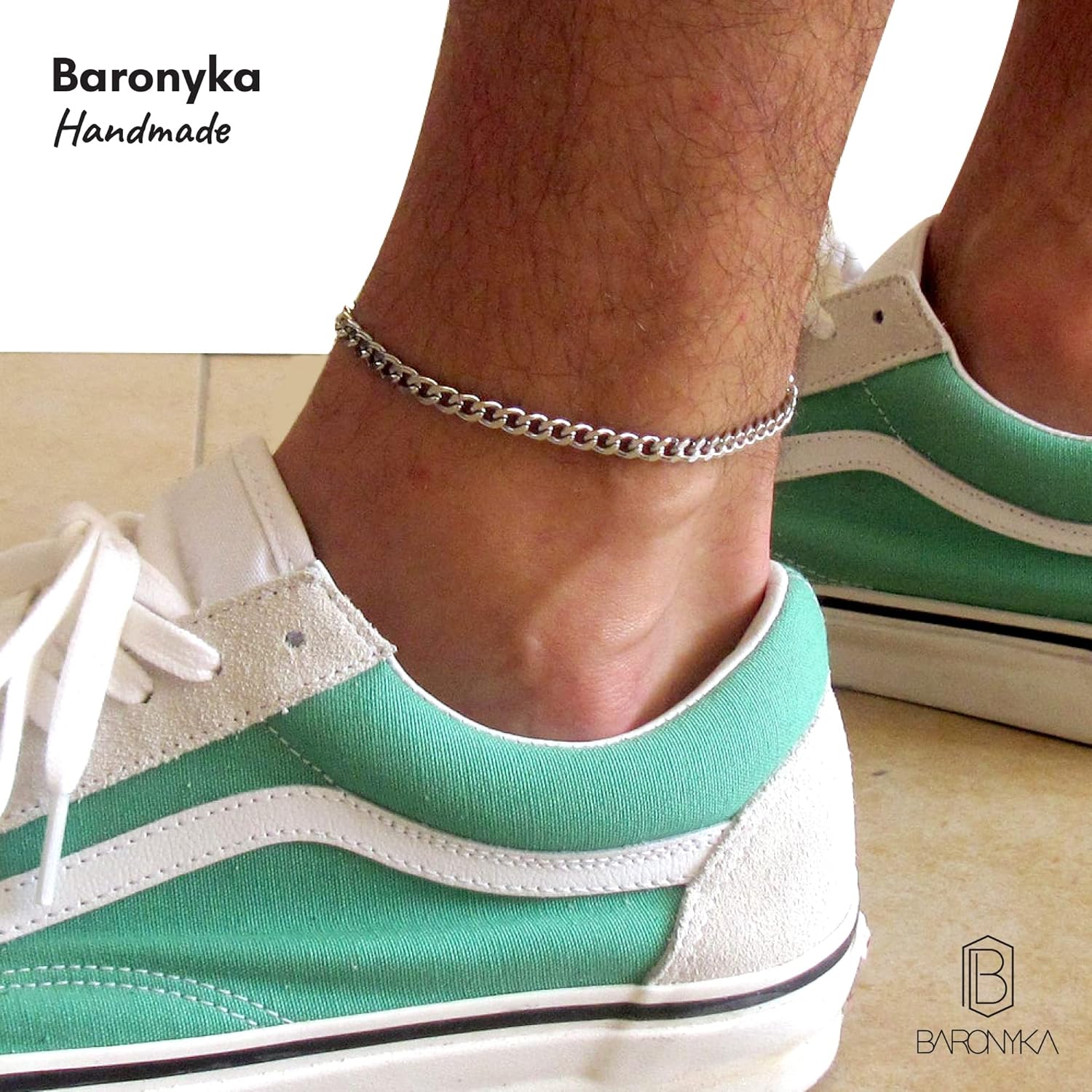 Baronyka Men’s Handcrafted Anklet, Wax Cord, Stainless Steel, Adjustable Length, Durable for Everyday Wear and Modern Look (Silver Chain)