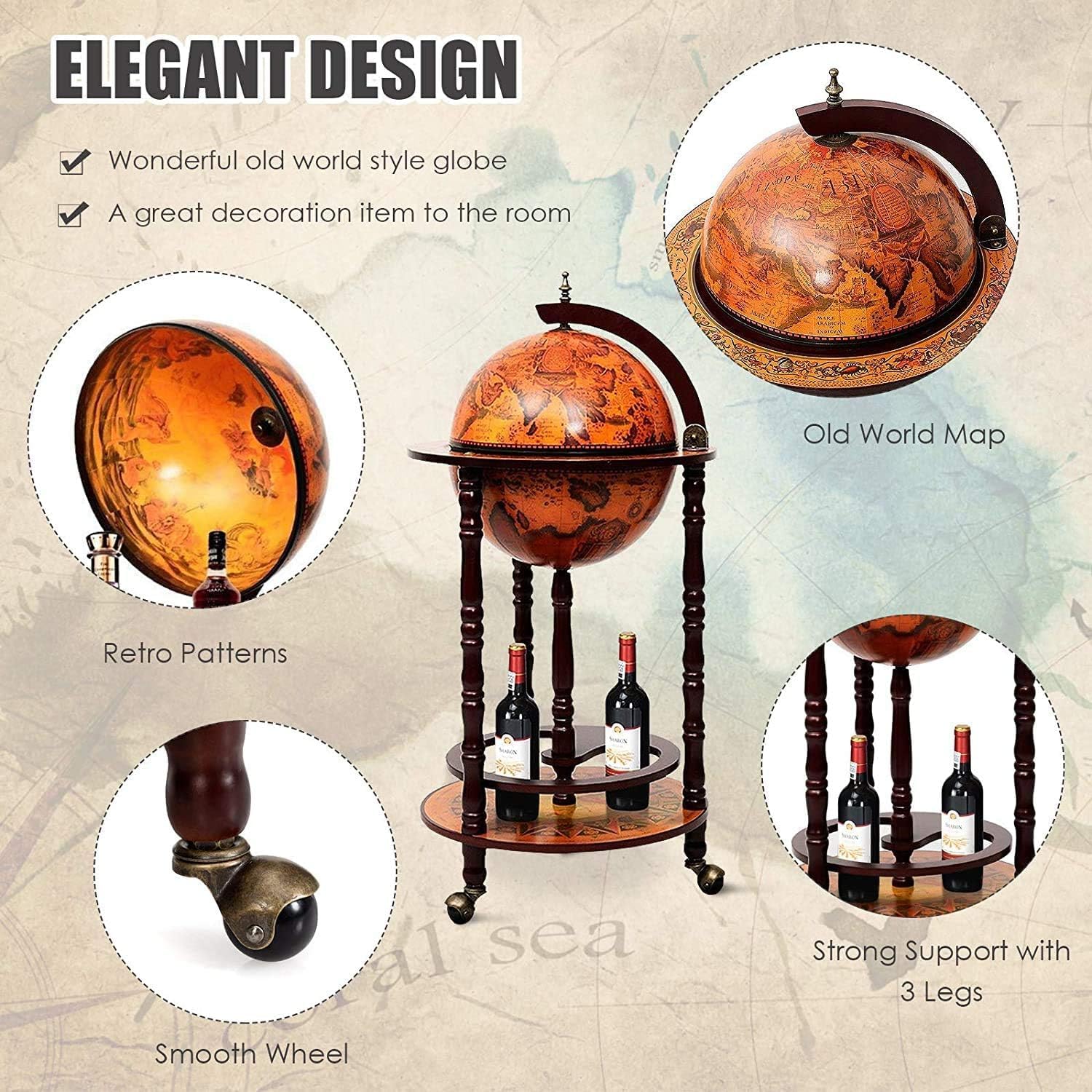 GOFLAME Wood Globe – Soporte para bar de vinos, estante italiano del siglo XVI, estante para botella de licor, gabinete de barra de globo con