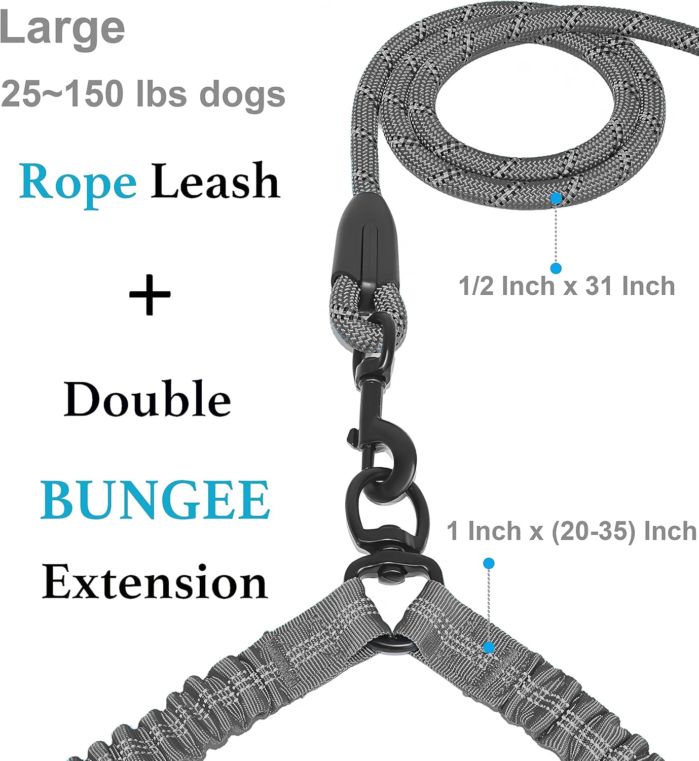 iYoShop Correa doble para perro, correa doble para perro, correa giratoria de 360 grados sin enredos, elástica que absorbe los golpes para dos