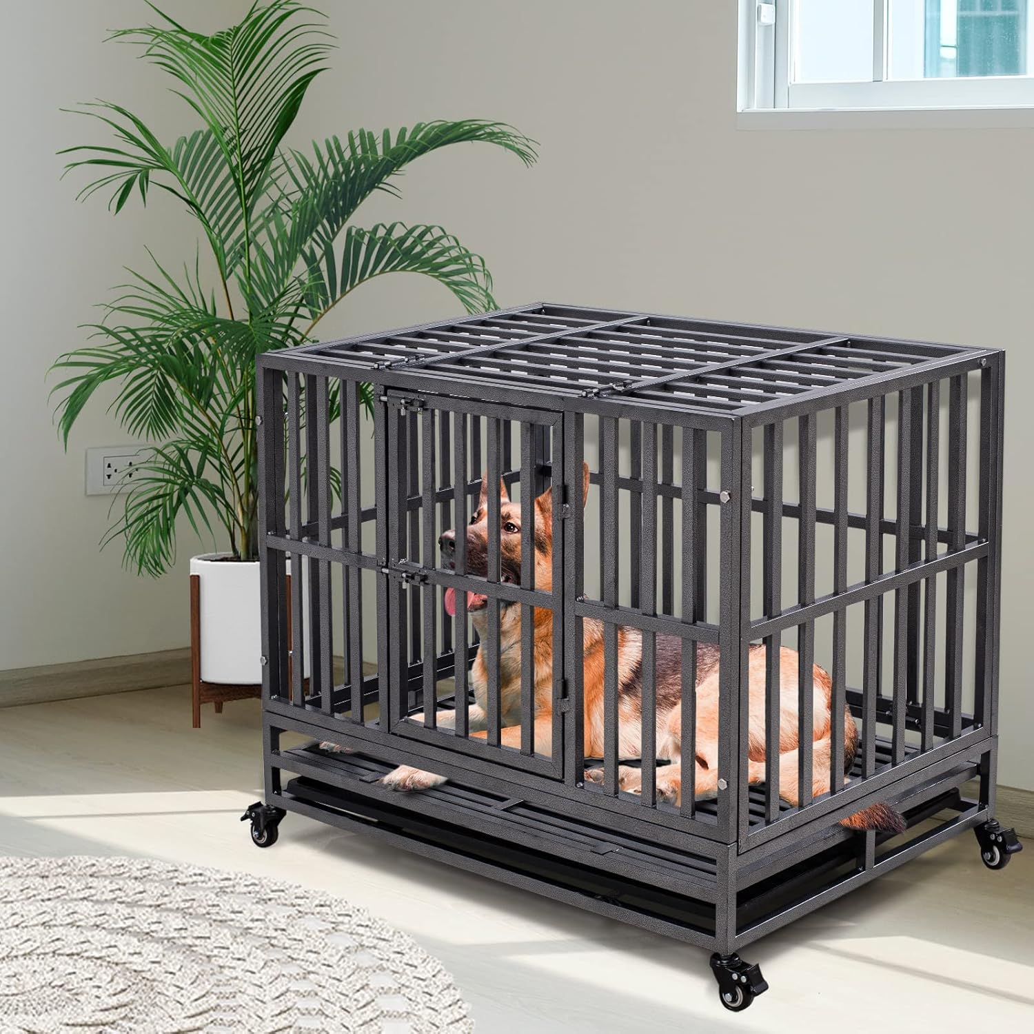 Holiwei Jaula de perro indestructible de 38 pulgadas XL de metal para perros grandes, jaula de perro a prueba de escapes con ruedas, bandeja