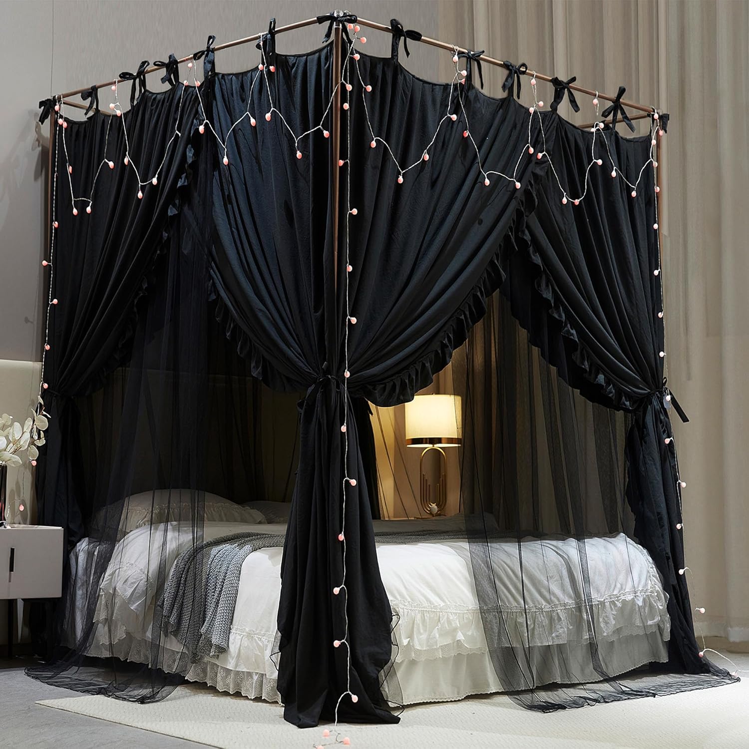 Cortina de princesa de 4 esquinas, toldo de cama de doble capa, acogedora mosquitera de malla y tela para niñas y adultos, decoración de dormitorio