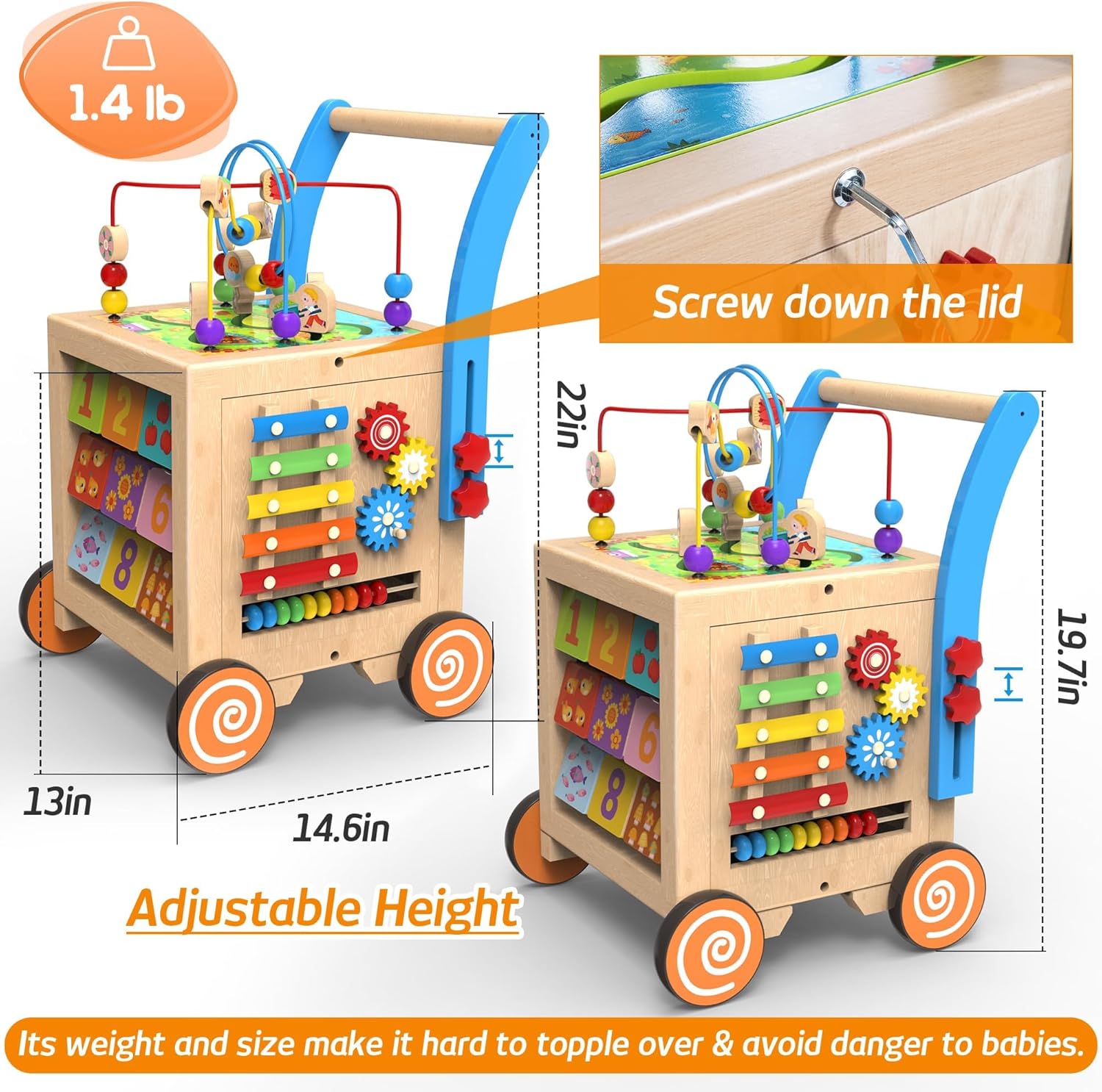 Andador de madera para bebés  Cubo de actividades de madera 9 en 1, centro de actividades de aprendizaje sentado a pie, juguetes educativos