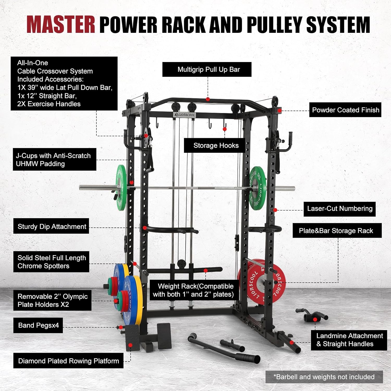 LIONSCOOL Master Power Rack & All-in – Jaula cruzada de cables para el hogargaraje, capacidad de 1500 libras, más fuerte, más segura y multifuncional