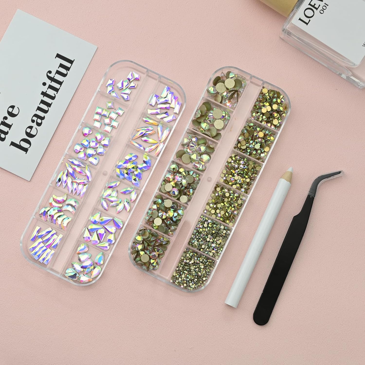 2120 diamantes de imitación Ab para uñas con parte trasera plana, redondos, multiformas, diamantes de imitación para uñas acrílicas, vidrio, con