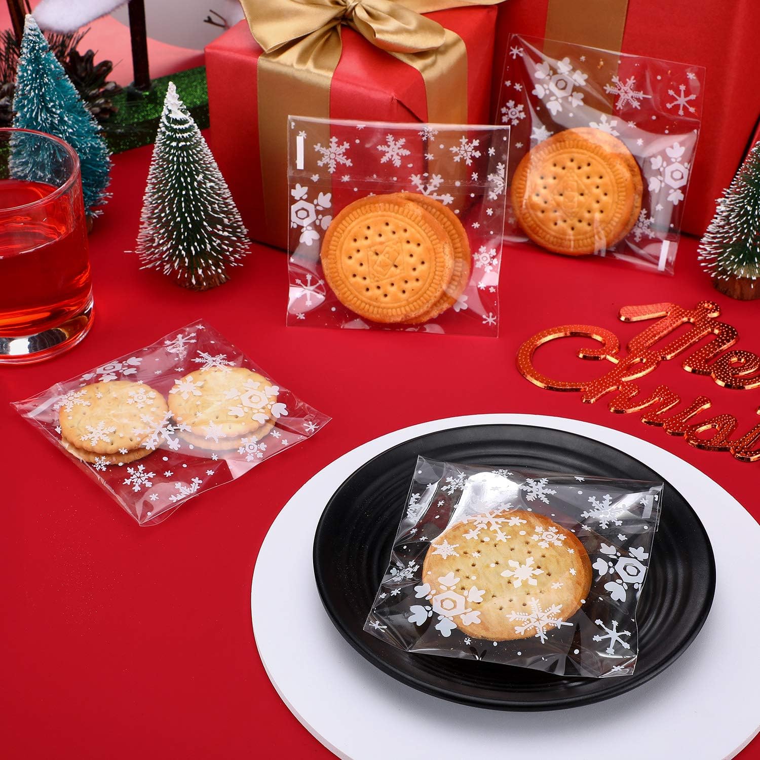 200 bolsas de galletas de Navidad, bolsas de celofán, bolsas transparentes para dulces, bolsas de regalos con sello autoadhesivo (4 x 4 pulgadas)