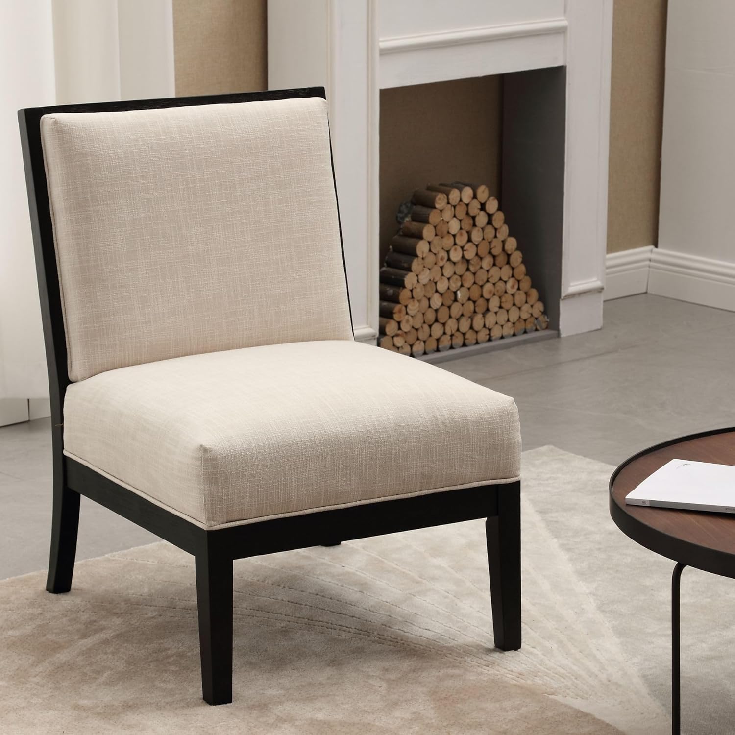 Comfy Accent – Silla de lectura, tapizada de lino con patas de madera negra, silla auxiliar pequeña para sala de estar, dormitorio y sala de