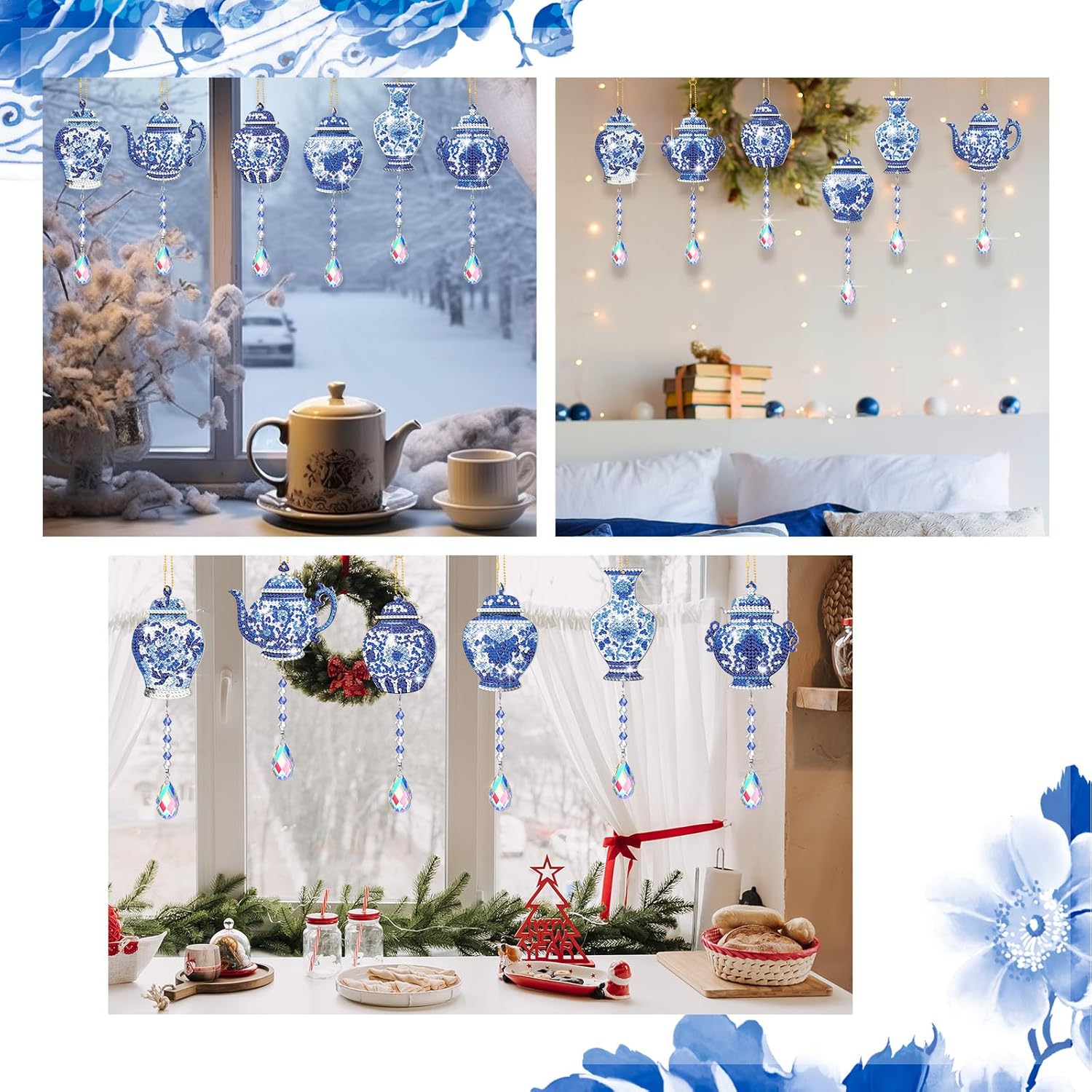 Juego de 6 campanillas de viento de cristal de viento con diseño de diamante 5D con diseño de porcelana, adornos de porcelana azul y blanca de doble