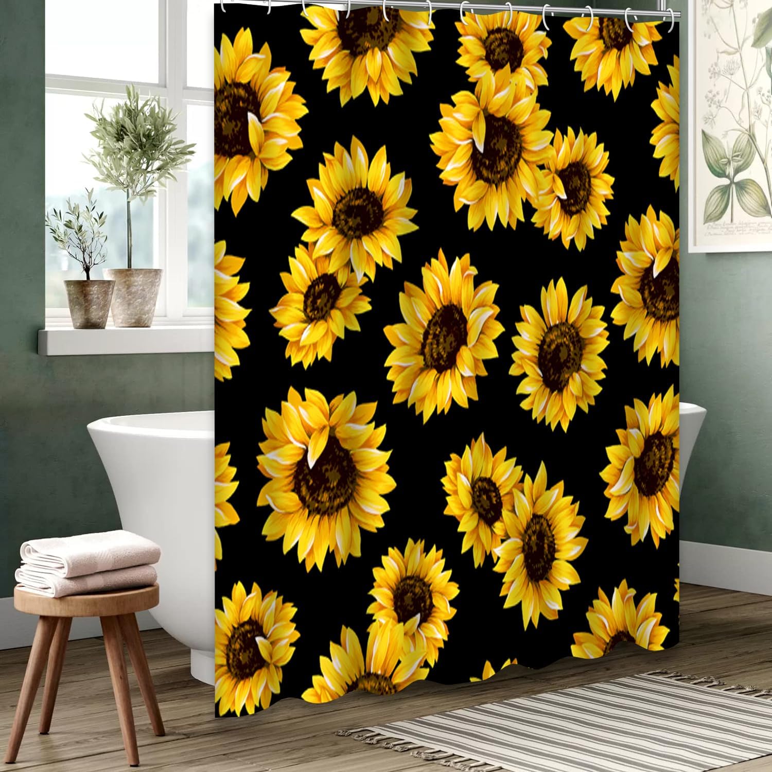 GALMAXS7 Cortina de ducha de girasol para baño con 12 ganchos, diseño floral botánico impermeable, decoración decorativa de baño, 72 x 72 pulgadas