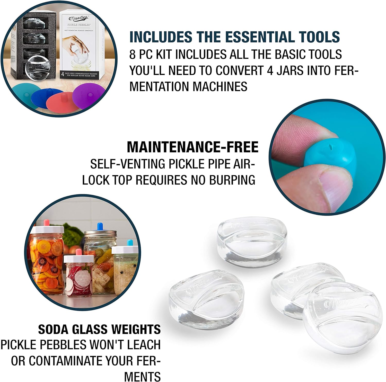 Masontops Kits de 8 piezas de pepinillos de vidrio para pesos y tubos de pepinillo – Tapa pequeña de boca regular para decapado y enlatado