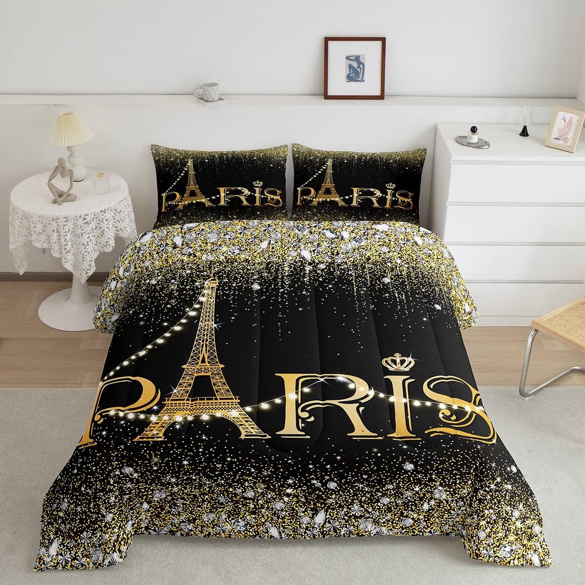 Juego de ropa de cama de París negro y dorado para mujer, juego de edredón de torre Eiffel con purpurina femenina para regalo del día de San
