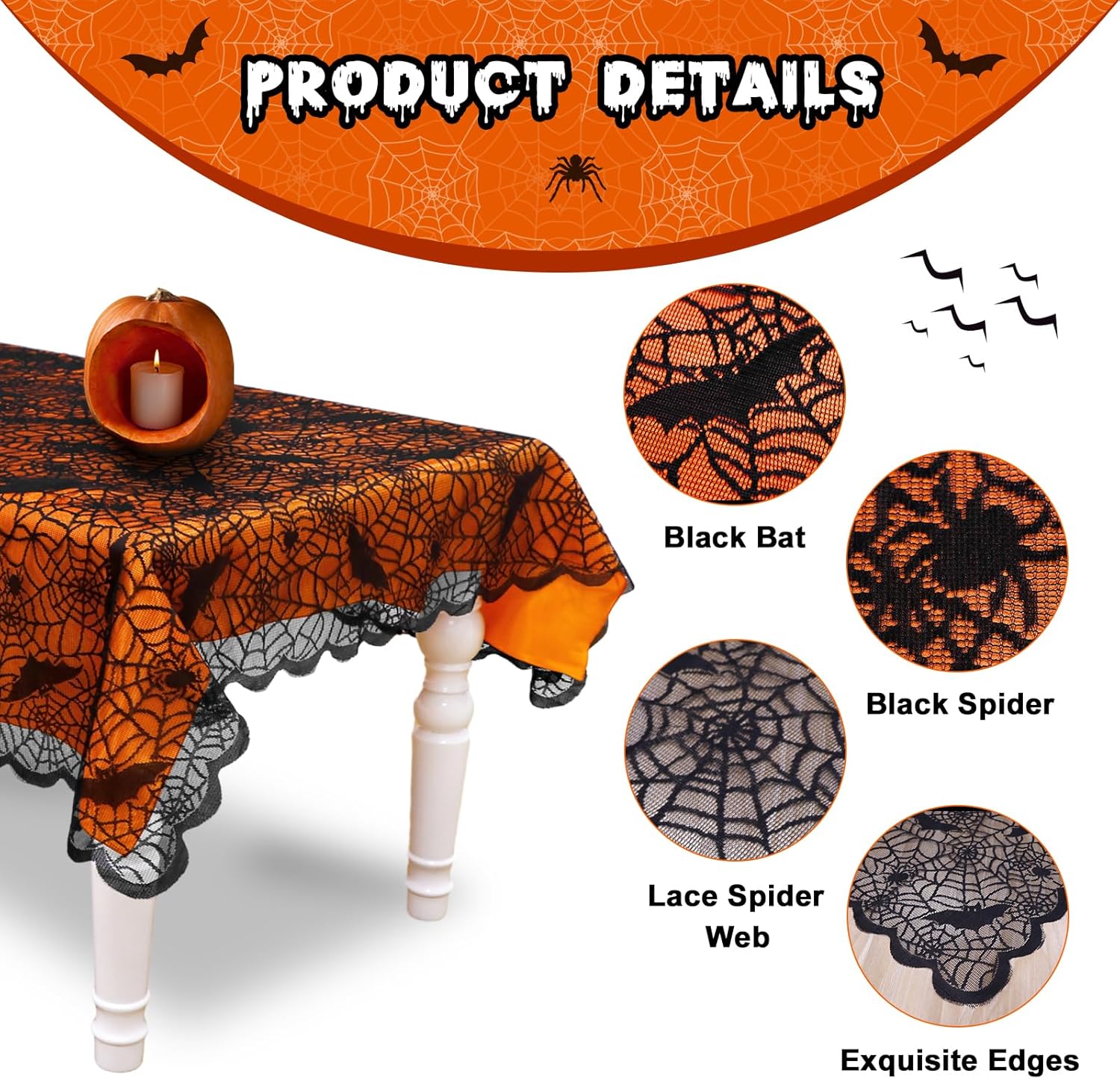 OurWarm 2 manteles de Halloween, mantel rectangular de poliéster con encaje negro y forro naranja, funda de mesa de tela de araña para decoraciones