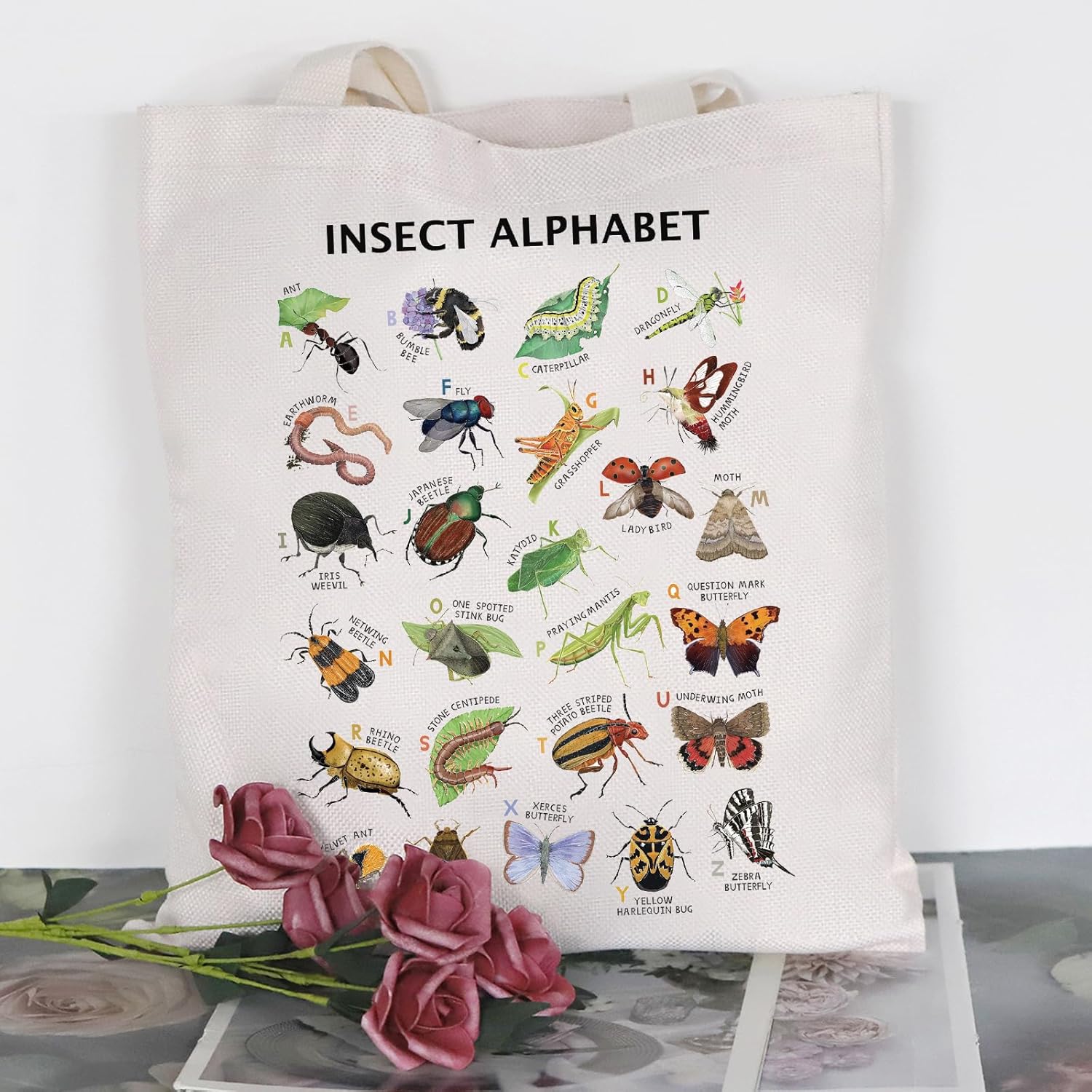 BDPWSS Bolsa de mano del alfabeto de insectos, regalo para amantes de insectos, insectos, escarabajos, regalo para enamorados, entomología, ciencia,