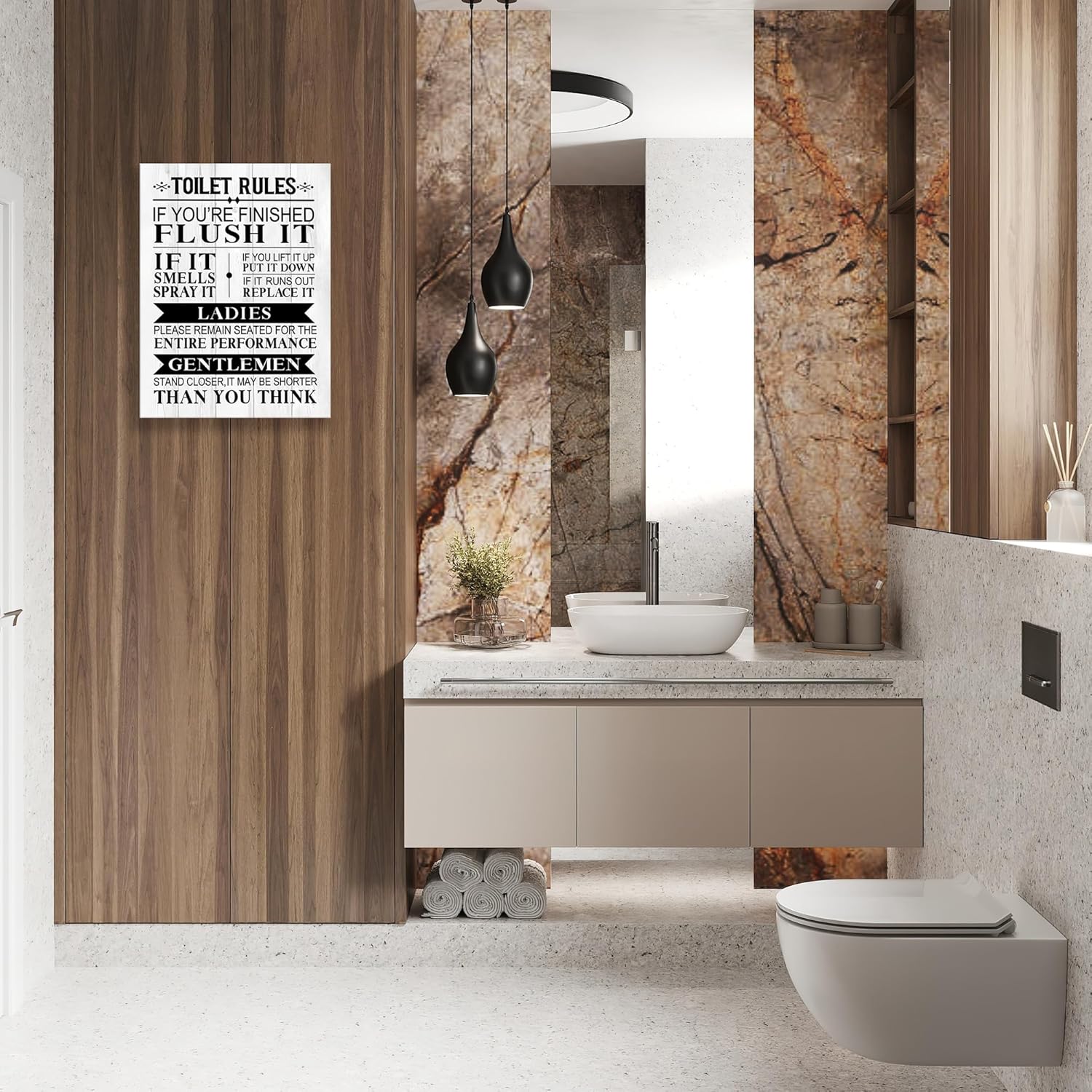 NIKICEE Impresiones artísticas en lienzo con citas de reglas de inodoro, letreros divertidos para decoración de baño, divertido arte de pared de