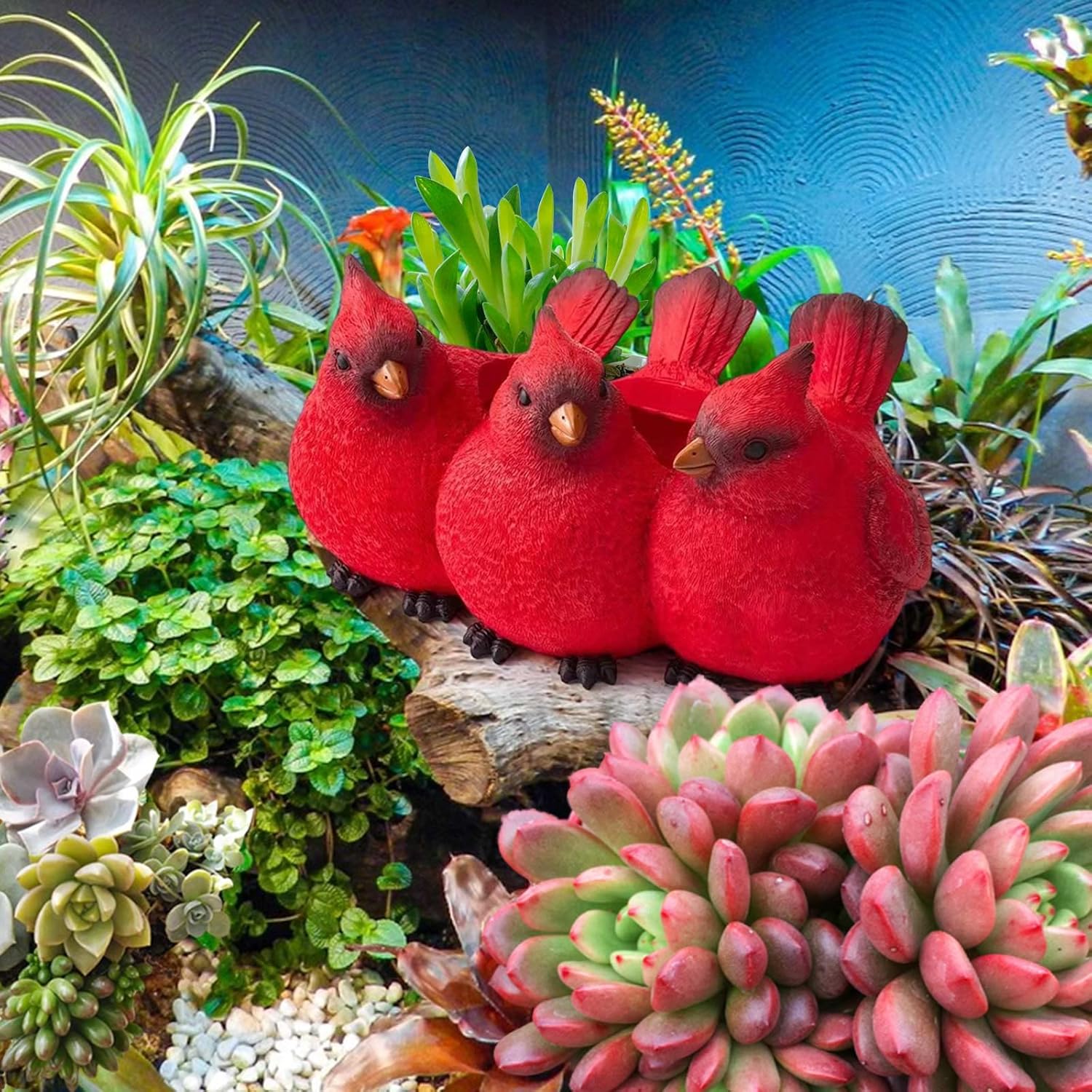 Maceta de trío cardenal de resina, maceta de trillizos de pájaros rojos, resina creativa de tres pájaros pequeños, estatua de adorno de interior