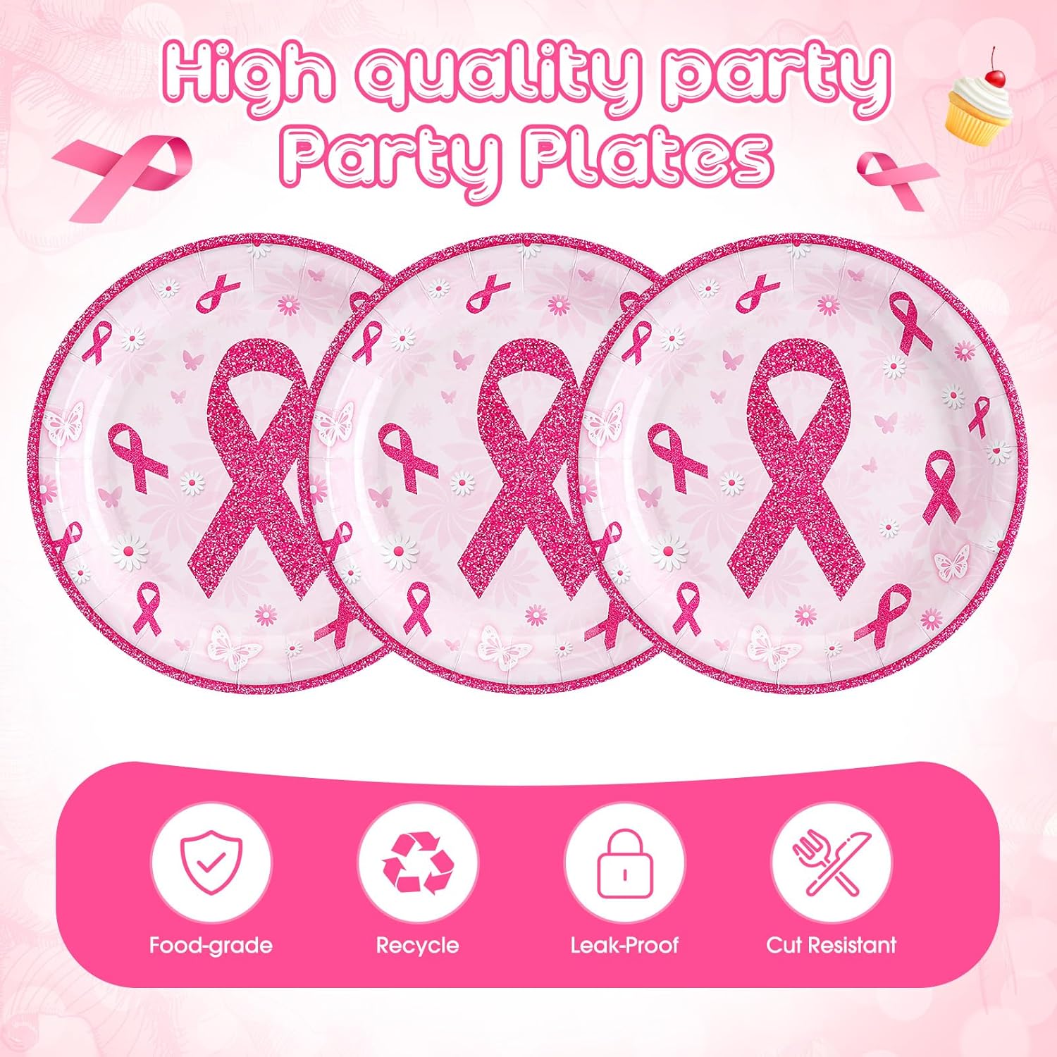 100 platos de papel de concientización sobre el cáncer de mama de 7 pulgadas, platos desechables rosados, redondos, decoraciones de cáncer de mama,