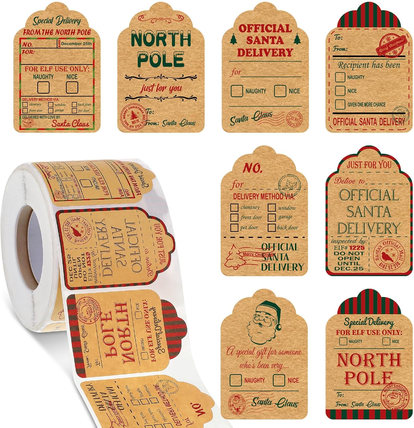 720 etiquetas autoadhesivas de regalo de Navidad, etiquetas de papel kraft de Navidad, etiquetas de papel de estraza natural, etiquetas de papel de