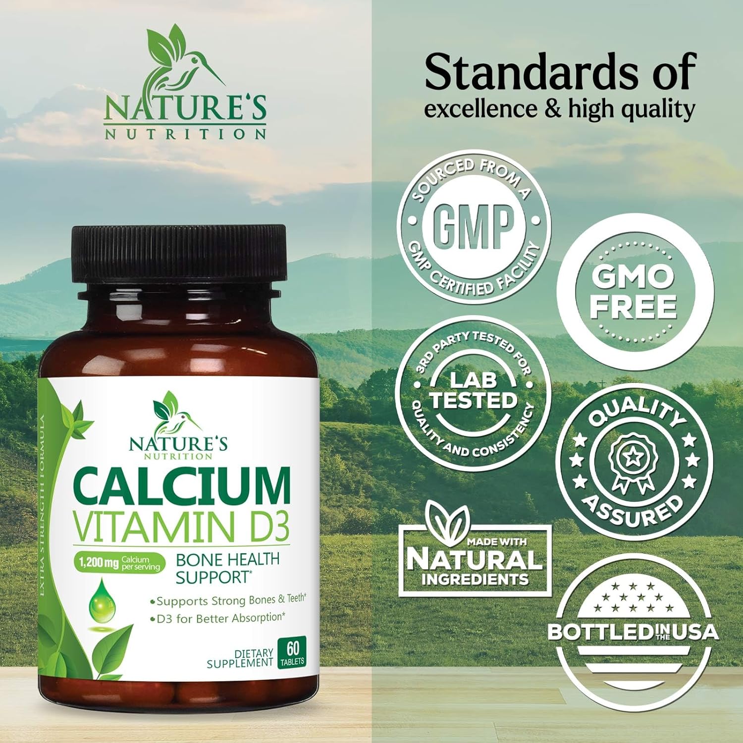 Suplemento de calcio con vitamina D  1200 mg de carbonato de calcio con 1600 UI de vitaminas D3  Apoya la fuerza ósea, los dientes y el sistema