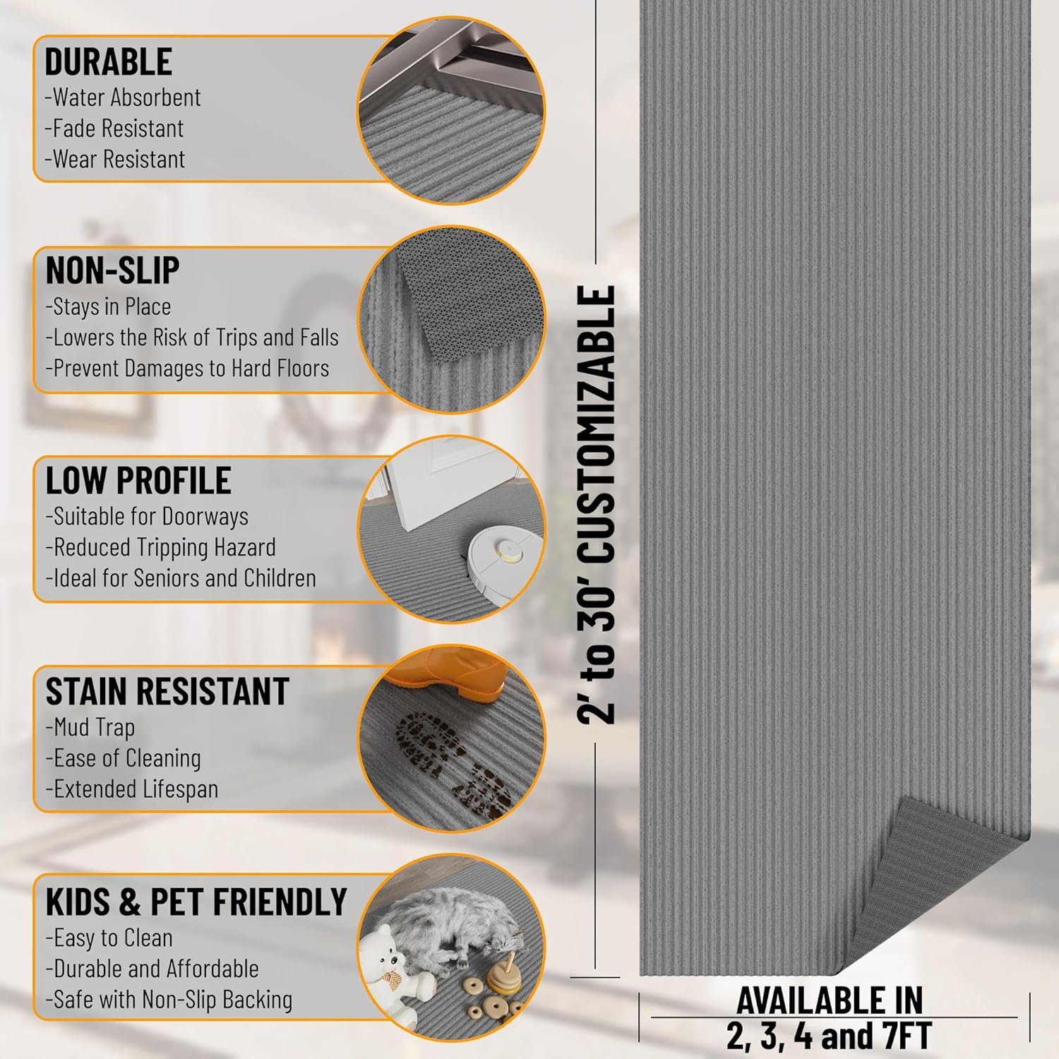 Scrape Rib – Alfombra antideslizante de goma de 3 x 7 pies, para interiores y exteriores, impermeable, para pasillo, cocina, sala de estar, garaje,