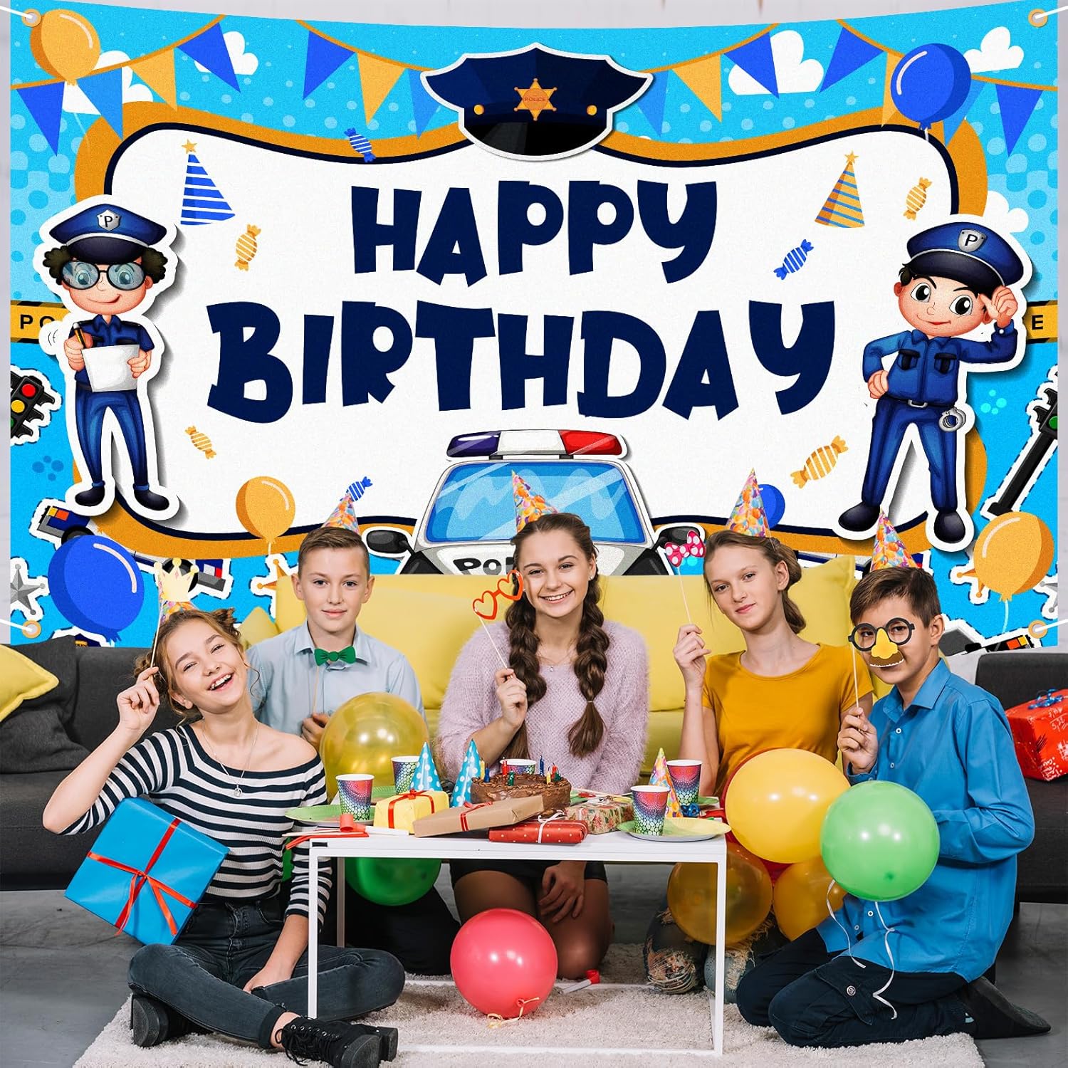 Cartel de fondo de policía con texto en inglés Happy Birthday de policía azul, para decoración de fiestas temáticas de cumpleaños, suministros de