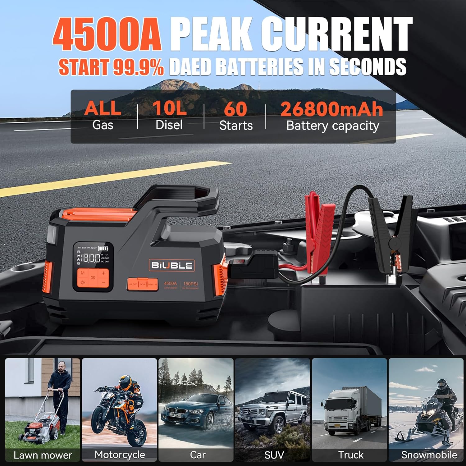 Arrancador de coche con compresor de aire, BIUBLE Jump Starter 4500A 150PSI Inflador para hasta todo el gasolina o motor diésel de 10.0L 12V batería