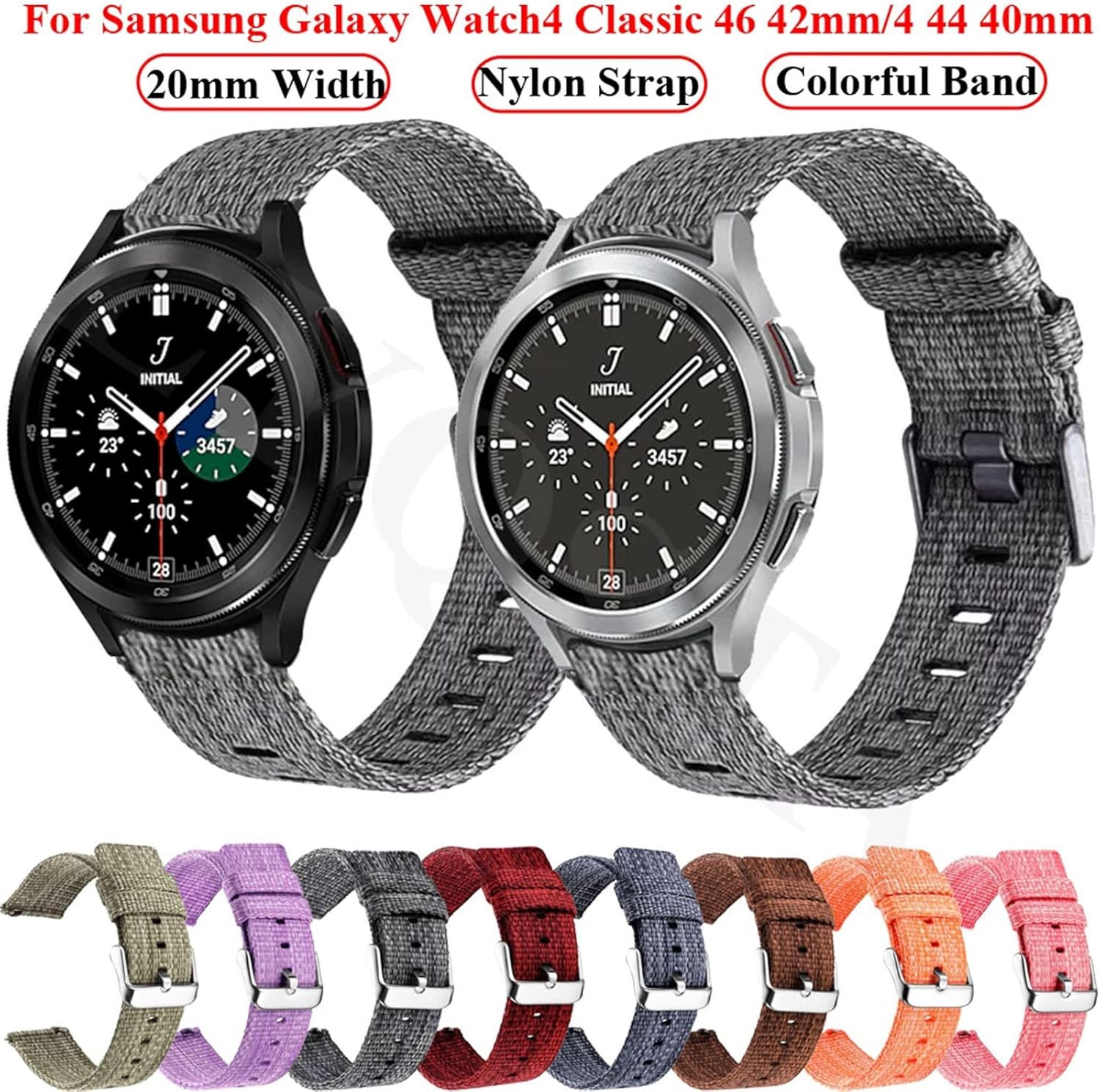 Correa de reloj de 0.787in para Samsung Galaxy Watch4 Classic 46 1.654in Reloj de nailon deportivo 4 44 1.575in Correa de reloj (color negro, tamaño