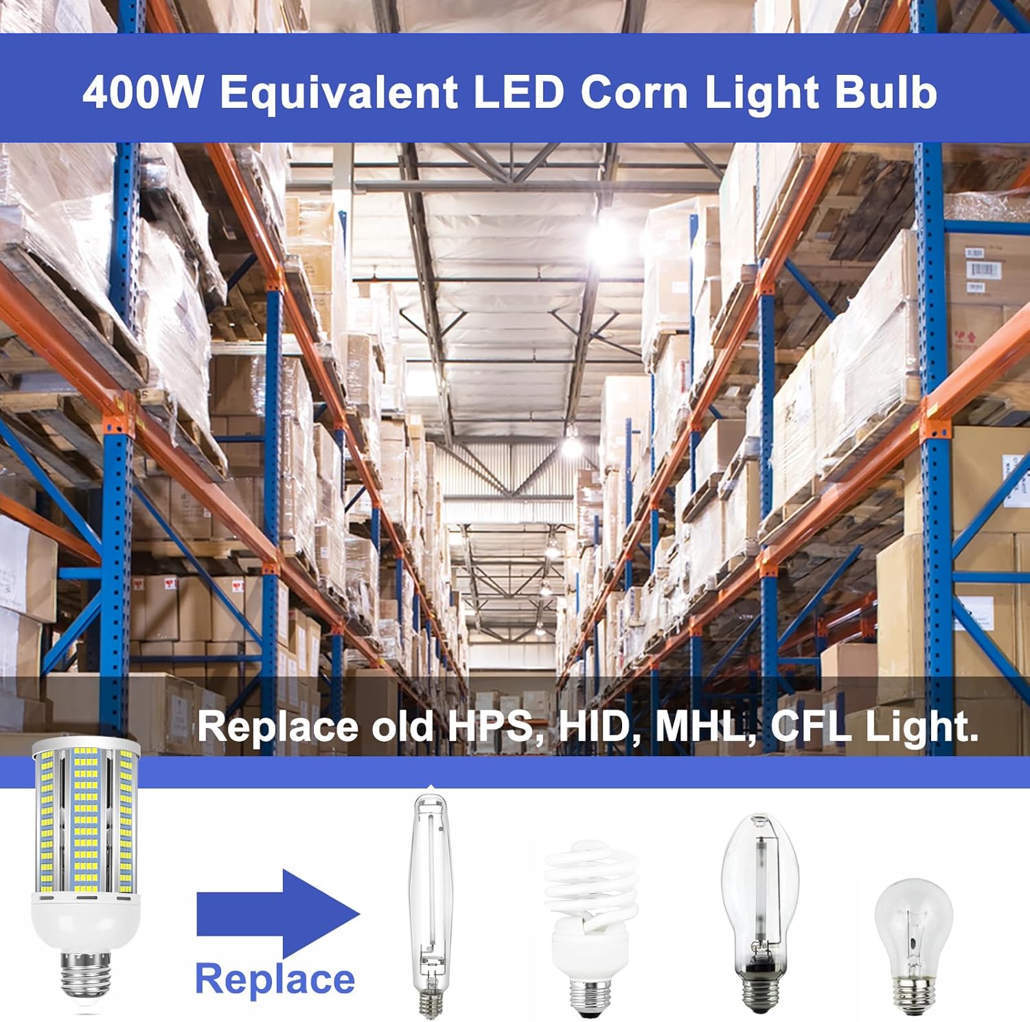Paquete de 2 bombillas LED equivalentes a 400 W, 6000 lúmenes, 6000 K, luz diurna, 50 W, lámpara LED de maíz, base media E26E27 para garaje,