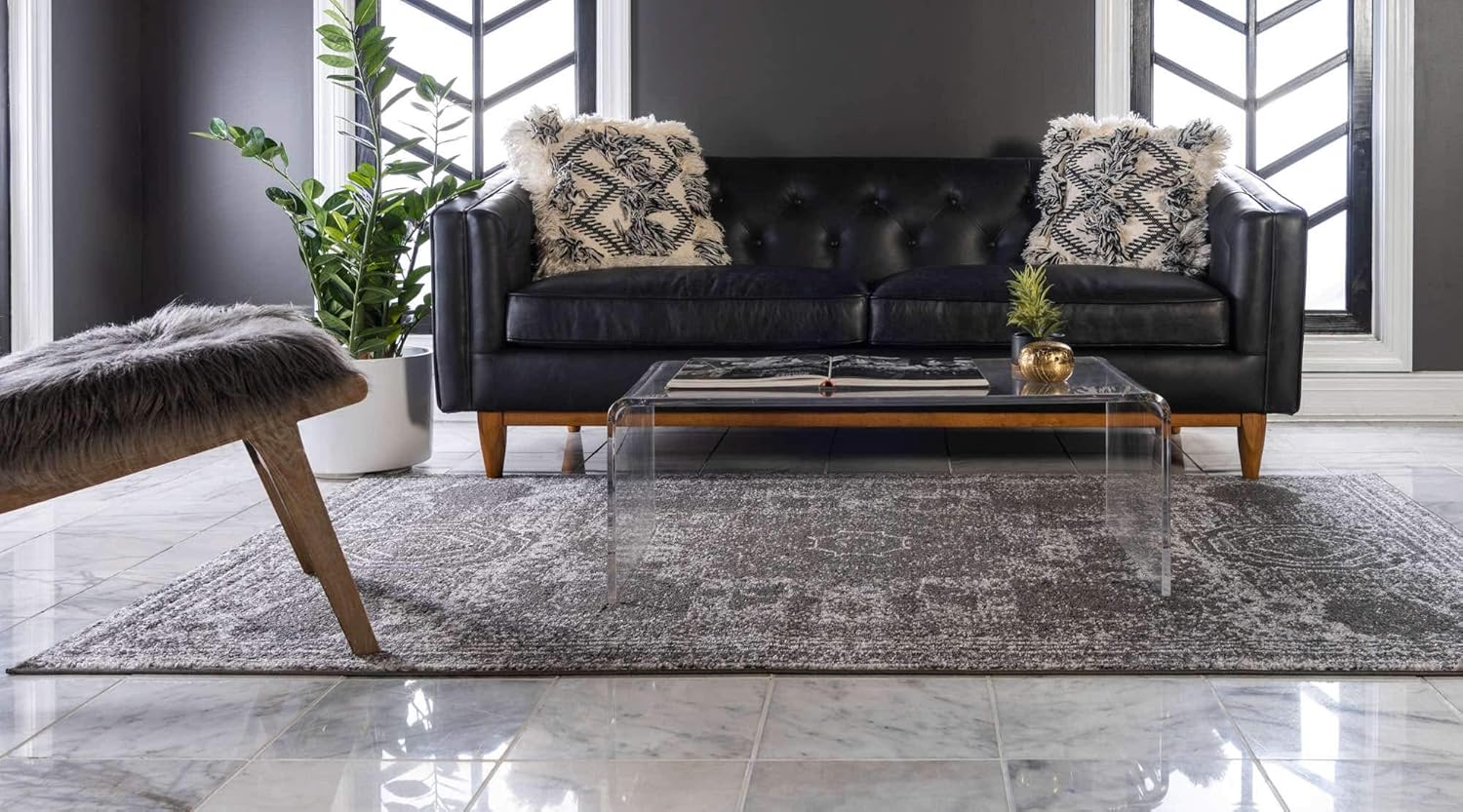 Unique Loom Bromley Collection Vintage Traditional Medallion Border – Alfombra, Polipropileno, Gris oscuroCrema