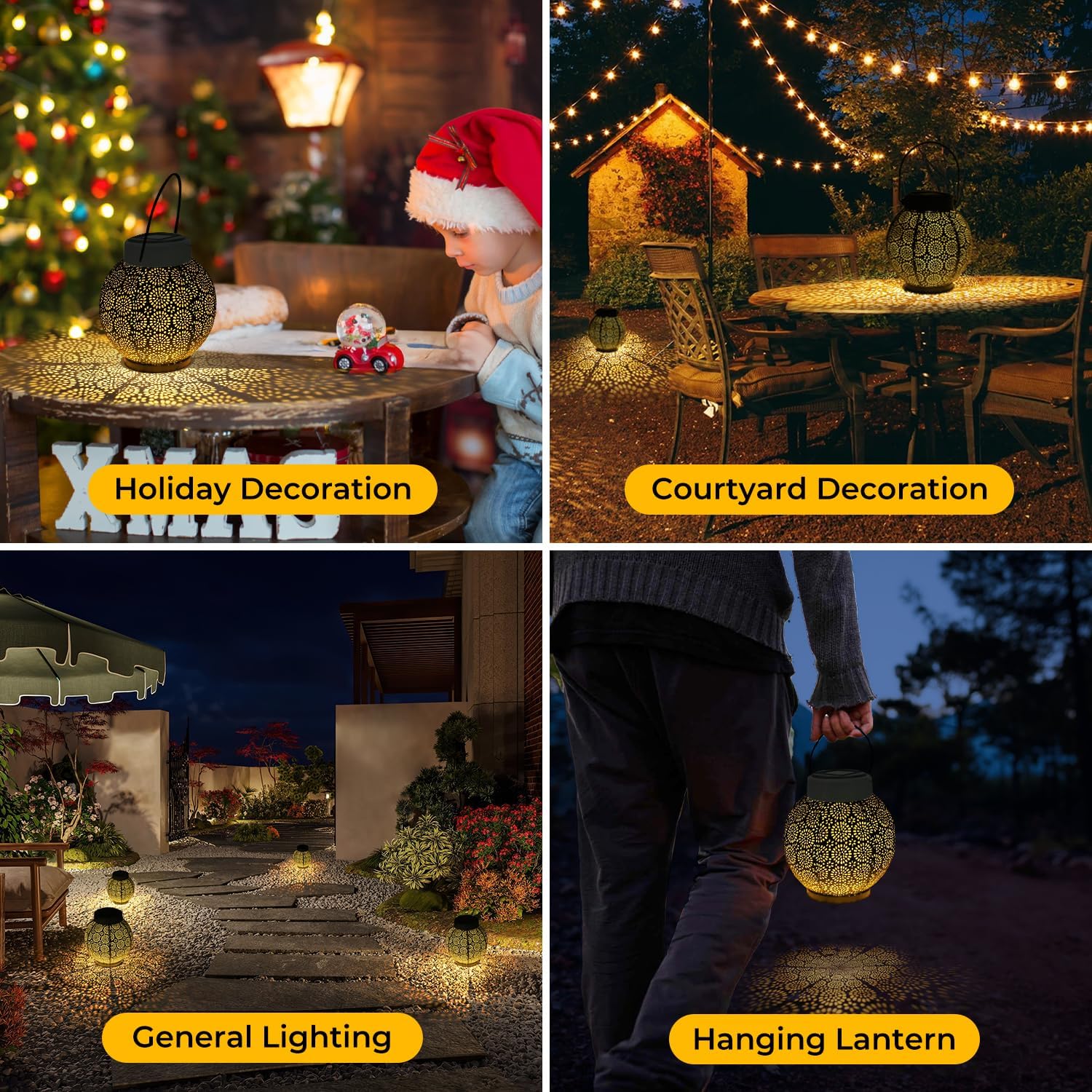 CINOTON Linterna solar colgante al aire libre IP54 impermeable luz decorativa de Navidad, linterna colgante de metal exterior para césped, mesa,