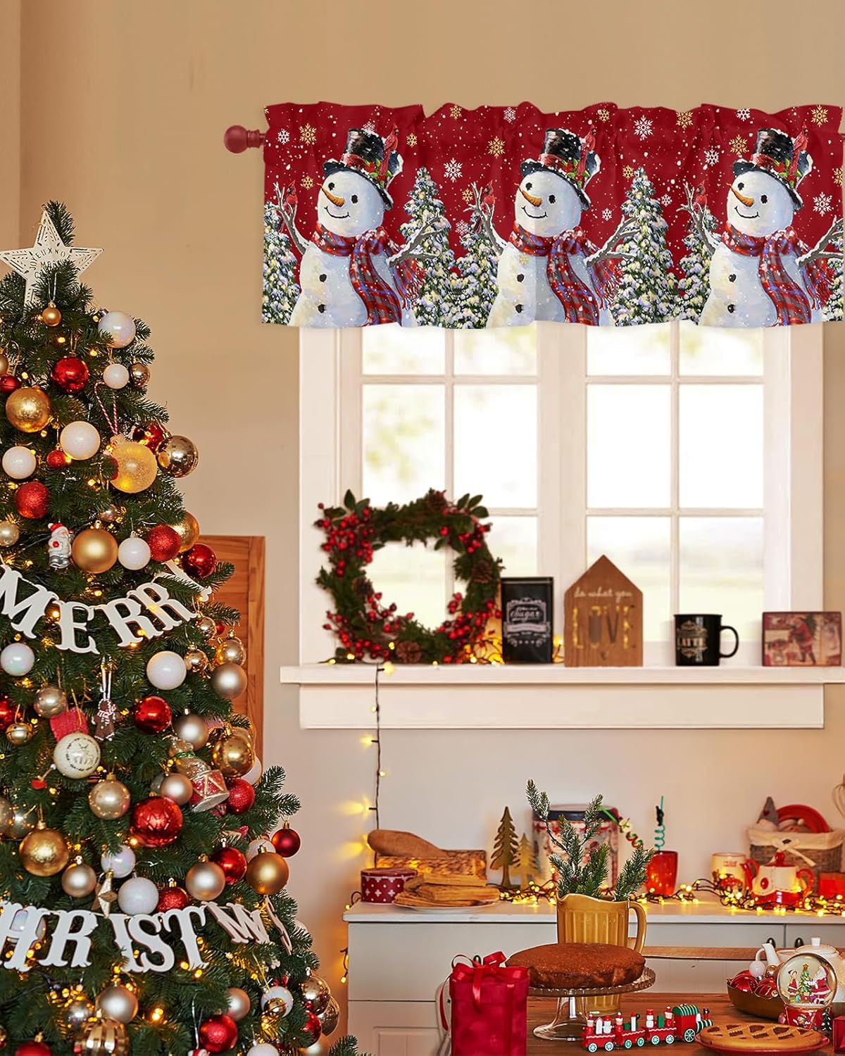 Cenefas de Navidad para cocina, muñeco de nieve, fondo rojo cardenal del norte, cenefa de cocina, cortinas cortas con bolsillo para barra,
