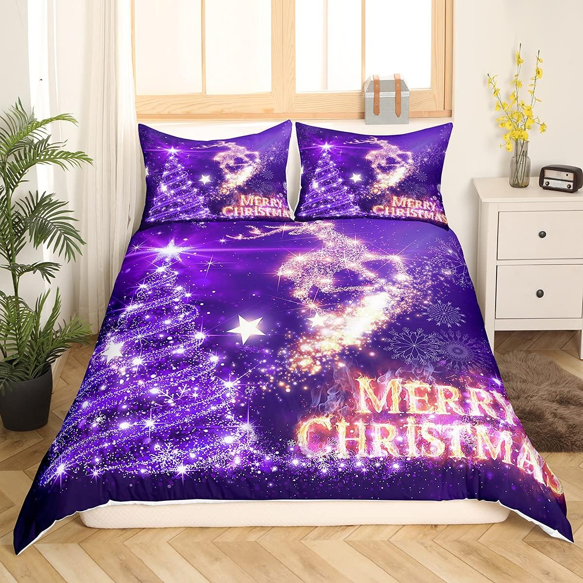 Juego de funda de edredón de Navidad, árbol de Navidad, estampado de ciervos, juego de funda de edredón de Navidad, juego de funda de edredón