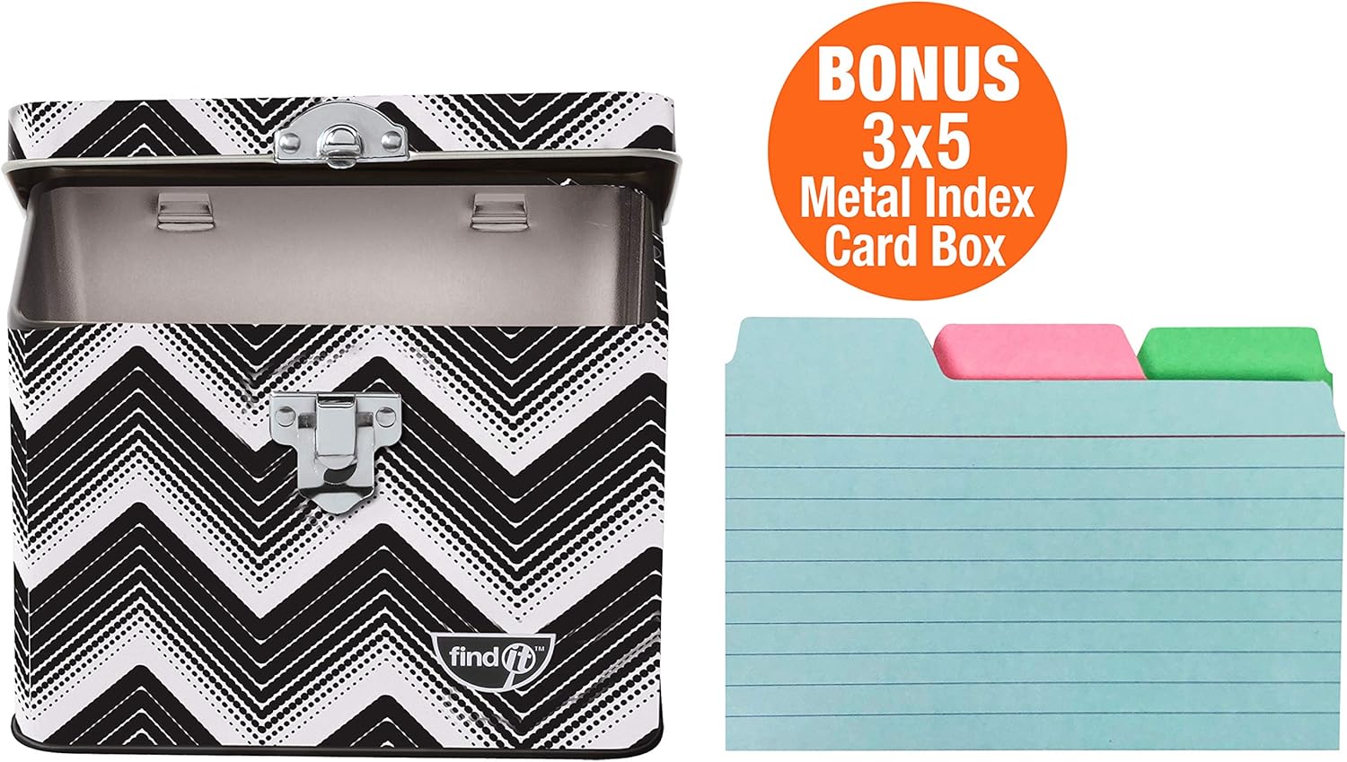 Find It FT07589 – Tarjetas de índice con pestañas, 3 x 5 pulgadas, colores surtidos, paquete de 288 con caja de ficha de índice, patrón de cheurón,