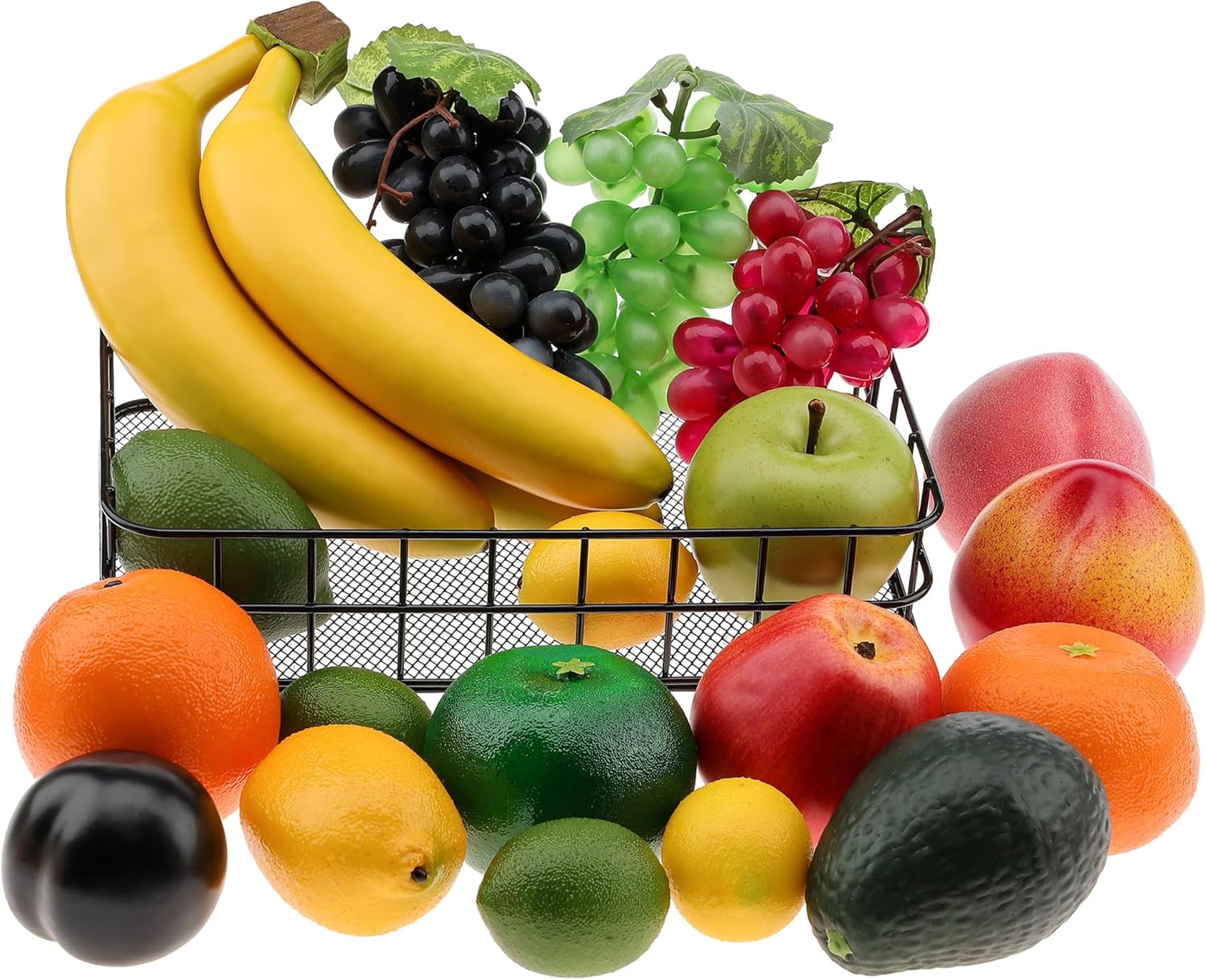 19 piezas artificiales de mezcla de frutas falsas de 3 cabezas, plátano, uva, limón, manzana, melocotón, naranja, aguacate, nectarina, decoración de