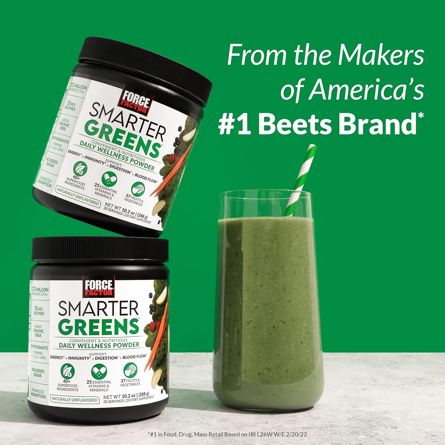 Force Factor Smarter Greens Superfoods + polvo de digestión, paquete de 2, polvo verde con 2 mil millones de probióticos, enzimas digestivas y
