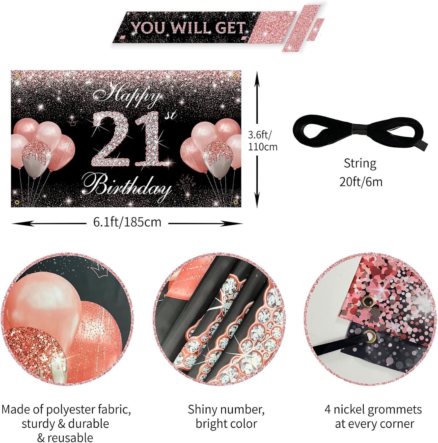 Decoraciones de 21 cumpleaños para ella, oro rosa, pancarta de fondo de feliz cumpleaños 21, fiesta de cumpleaños de 21 años, accesorios de cabina