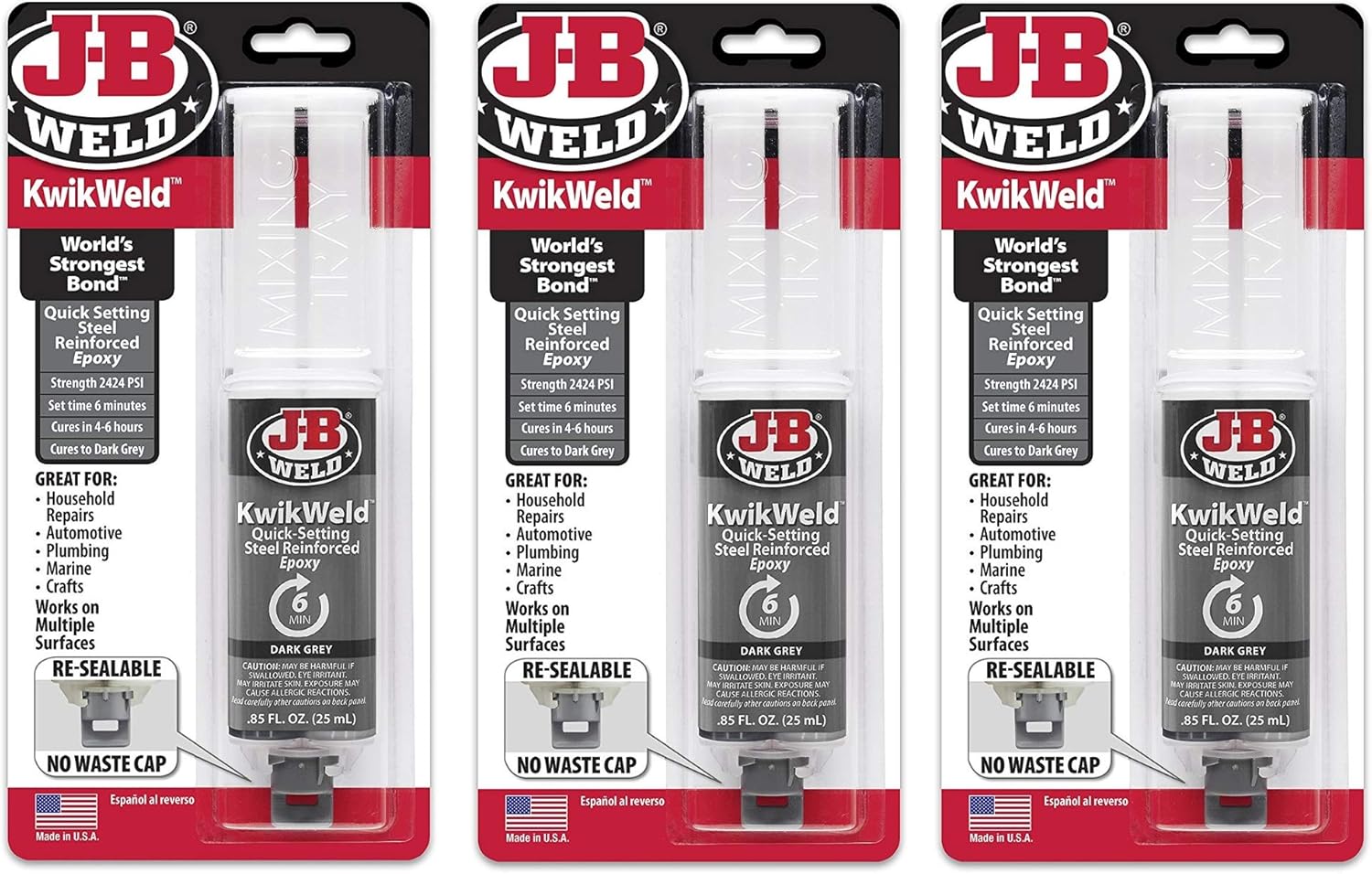 J-B Weld 50176 KwikWeld Jeringa epoxi reforzada de acero  seca gris oscuro  0.8 fl oz, paquete de 3