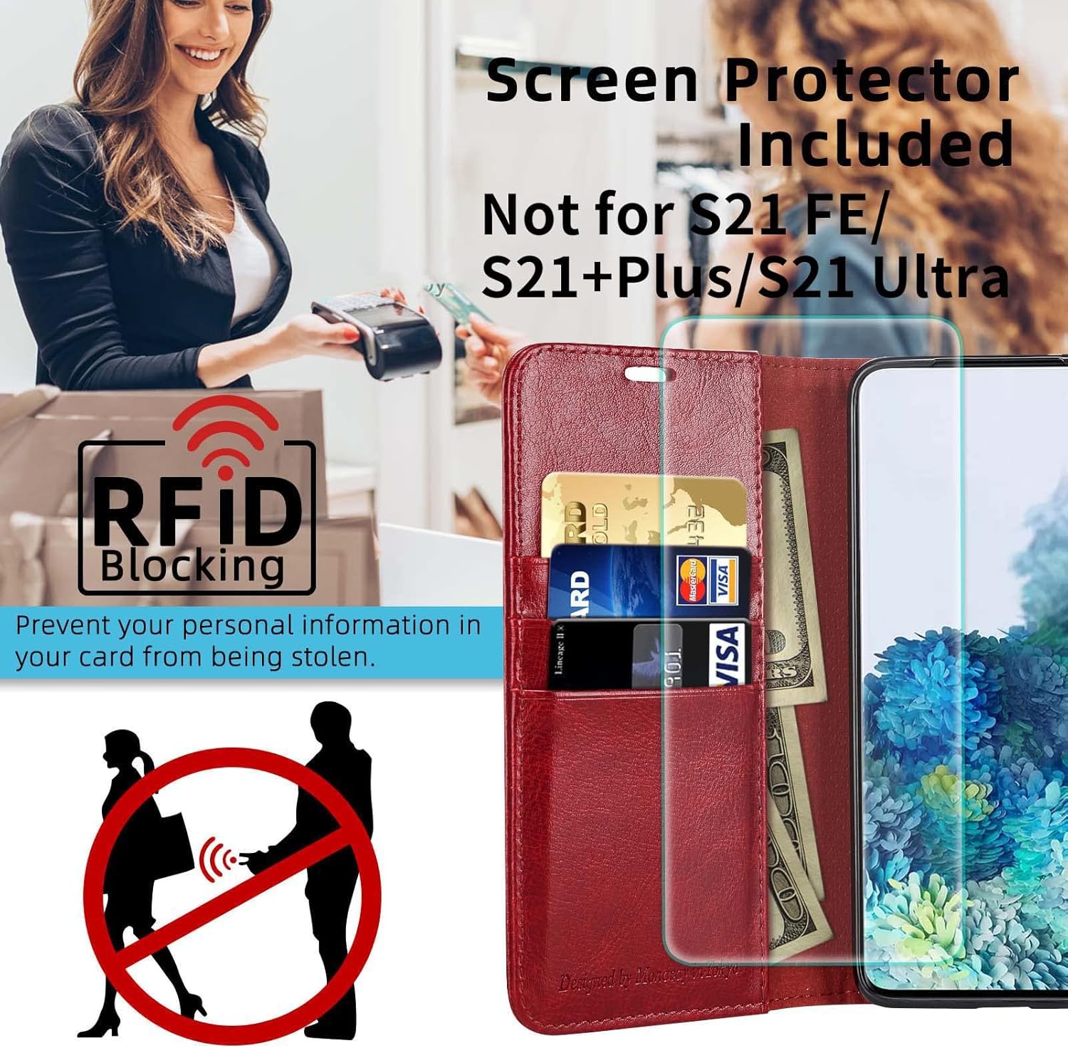 MONASAY Funda tipo cartera compatible con Galaxy S21 5G, 6.2 pulgadas, protector de pantalla incluido, bloqueo RFID, funda de piel con tarjetero y