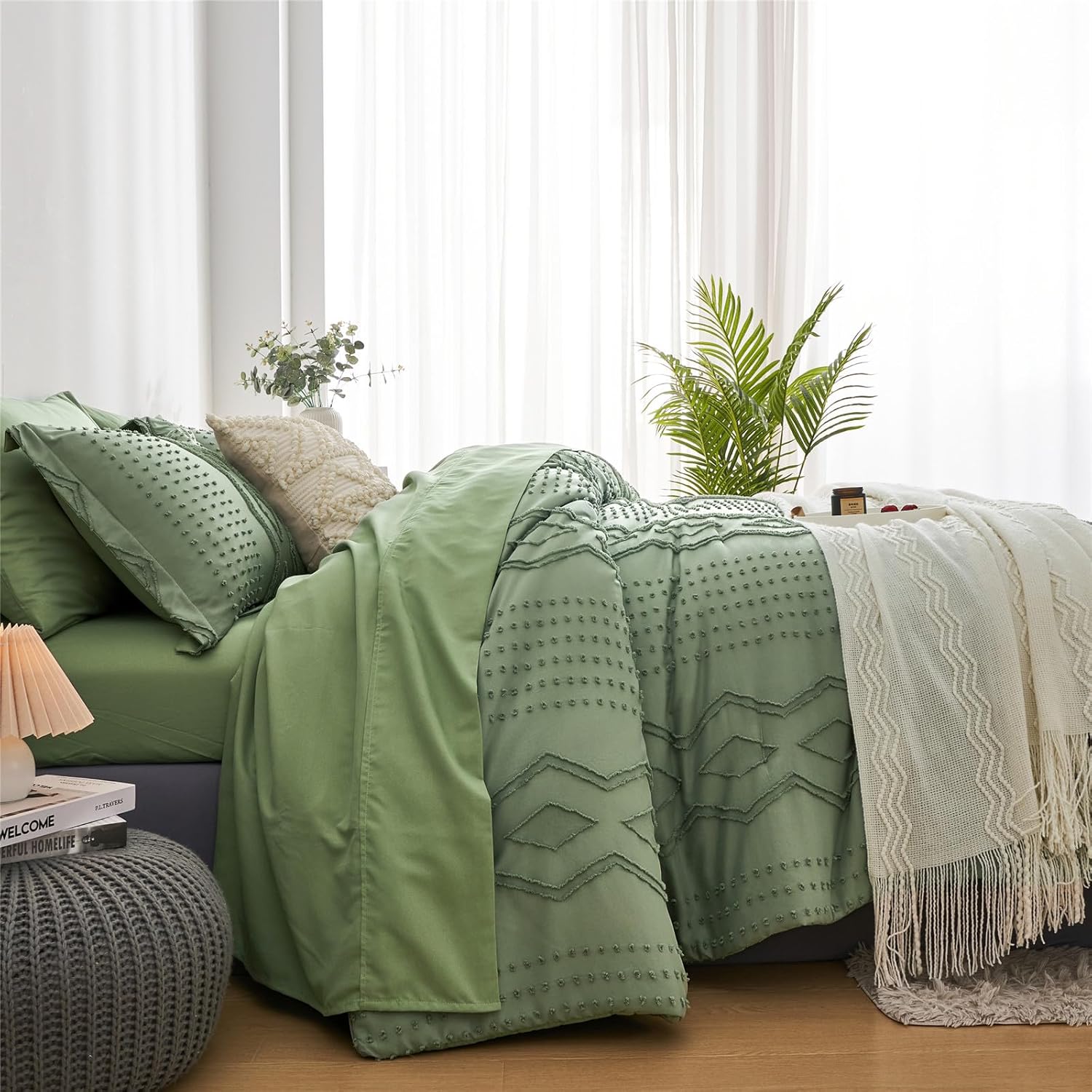 sponwilar Juego de edredón tamaño King de 7 piezas de ropa de cama bohemia en una bolsa, juego de ropa de cama con textura geométrica, juego de ropa