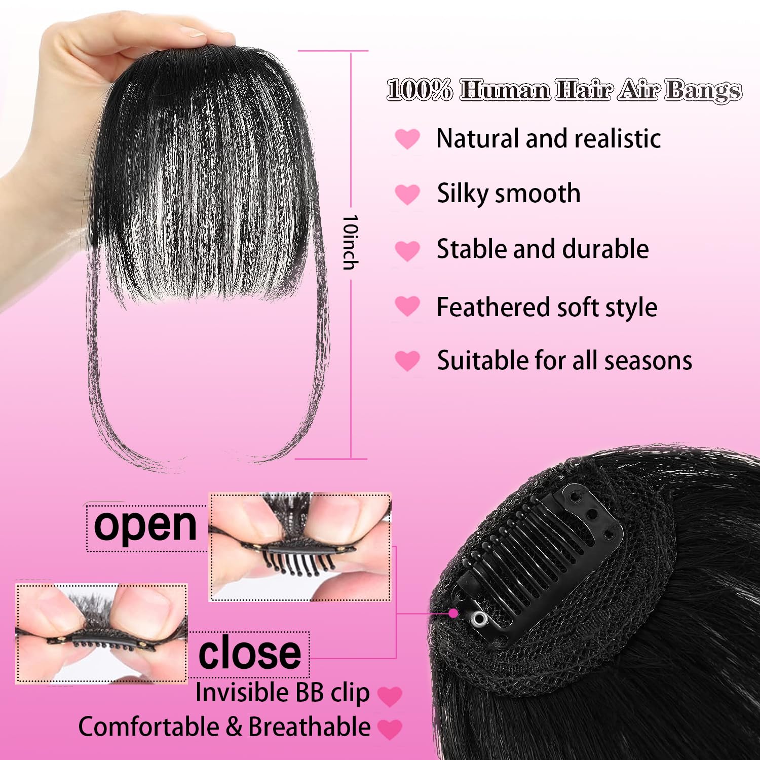 YONGYI Wispy Bangs – Extensiones de cabello con clip de una pieza con clip, extensiones de cabello humano 100% real, flequillo curvado para uso