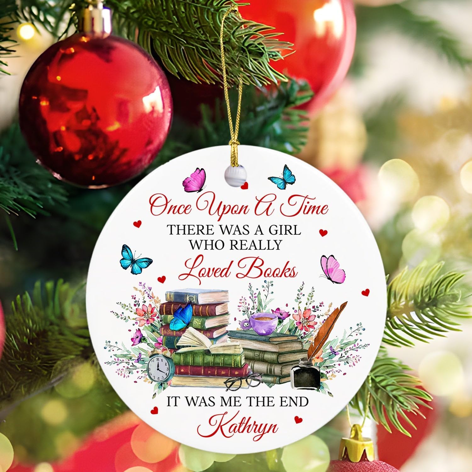 Adorno de libro floral para regalos de Navidad para niñasmujeres, con texto en inglés “There was a girl who really Loved Books”, adorno de recuerdo