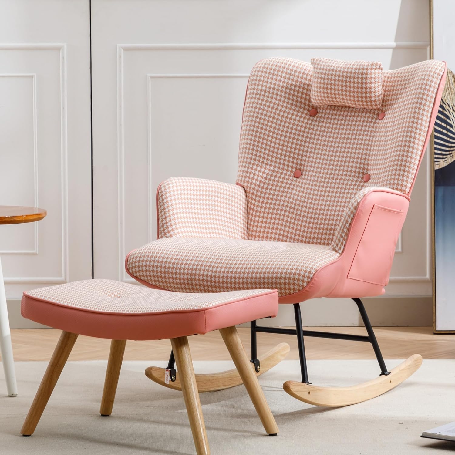 Mecedora para guardería con reposapiés, moderna mecedora con almohada suave, mecedora de pata de gallo interior con base de madera maciza para