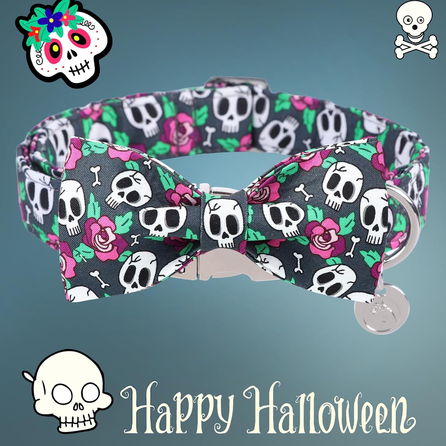 DOGWONG Collar de perro fantasma de Halloween con corbatín, collar de perro de calavera rosa para Halloween, duradero y suave, collar de perro para