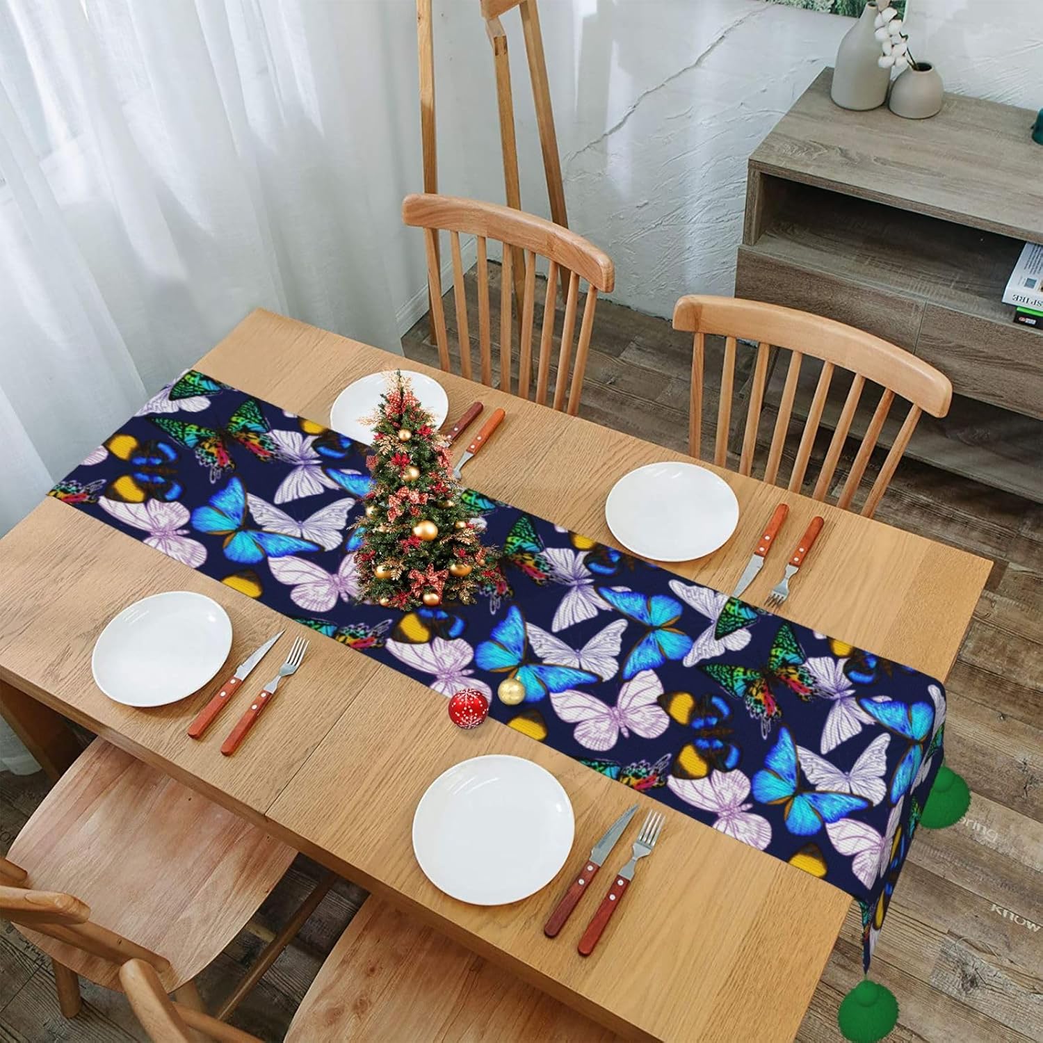 Camino de mesa de Navidad con mariposas azules, decoración de mesa de comedor, decoración de Navidad, decoración de interiores del hogar, caminos de