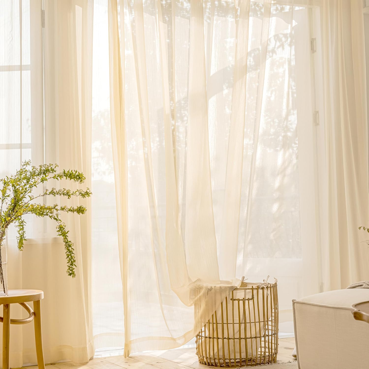 Tititex Lujosas cortinas traslúcidas color champán con textura, juego de 2 paneles de 84 pulgadas de largo, cortinas de ventana brillantes con