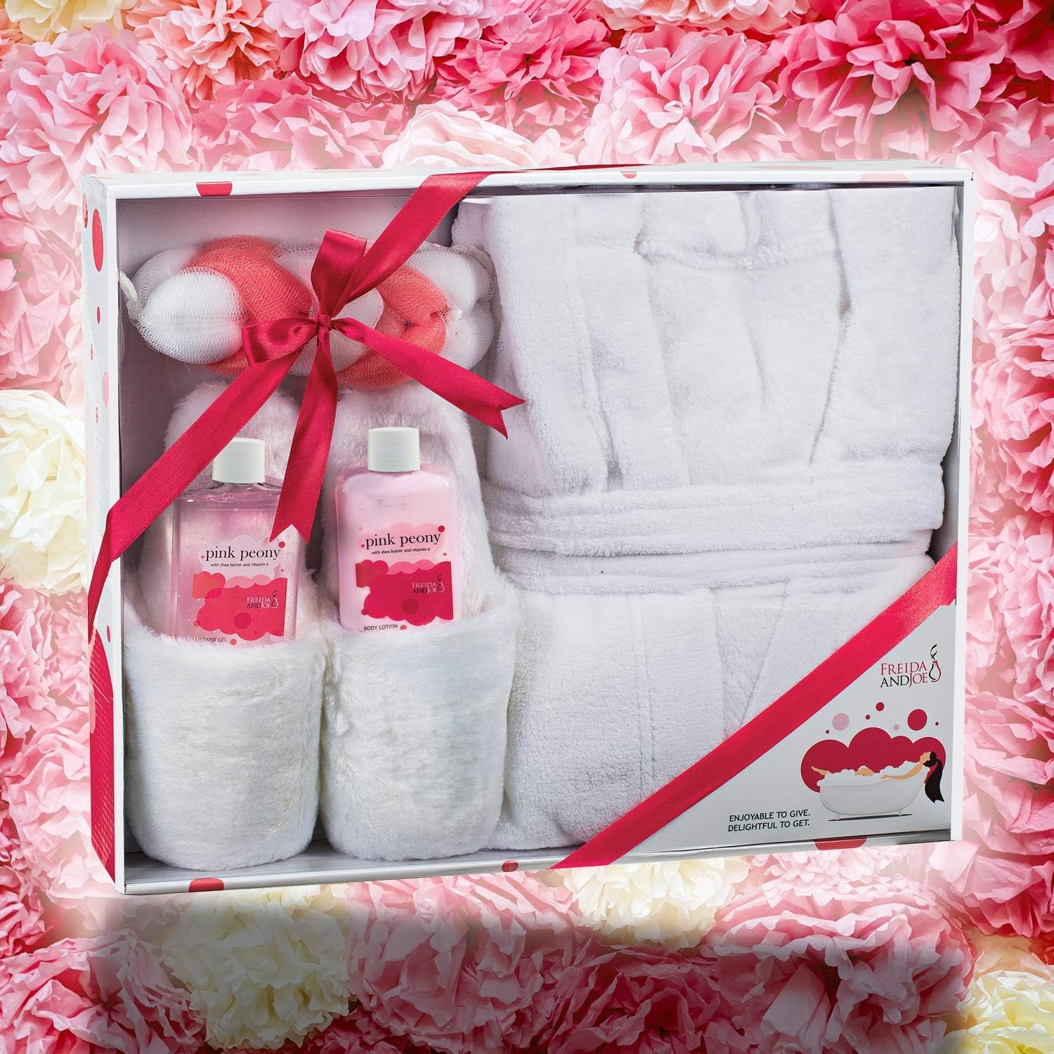 Cesta de regalo de spa en casa de lujo con aroma a peonía rosa, bata de baño ultrasuave y zapatilla de felpa para mujer, juego completo de baño y