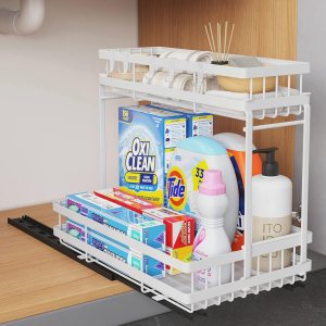 COVAODQ Armario de baño multiusos para debajo del fregadero, organización y almacenamiento apilable de despensa de cocina, organizador de armario COVAODQ Armario de baño multiusos para debajo del fregadero, organización y almacenamiento apilable de despensa de cocina, organizador de armario