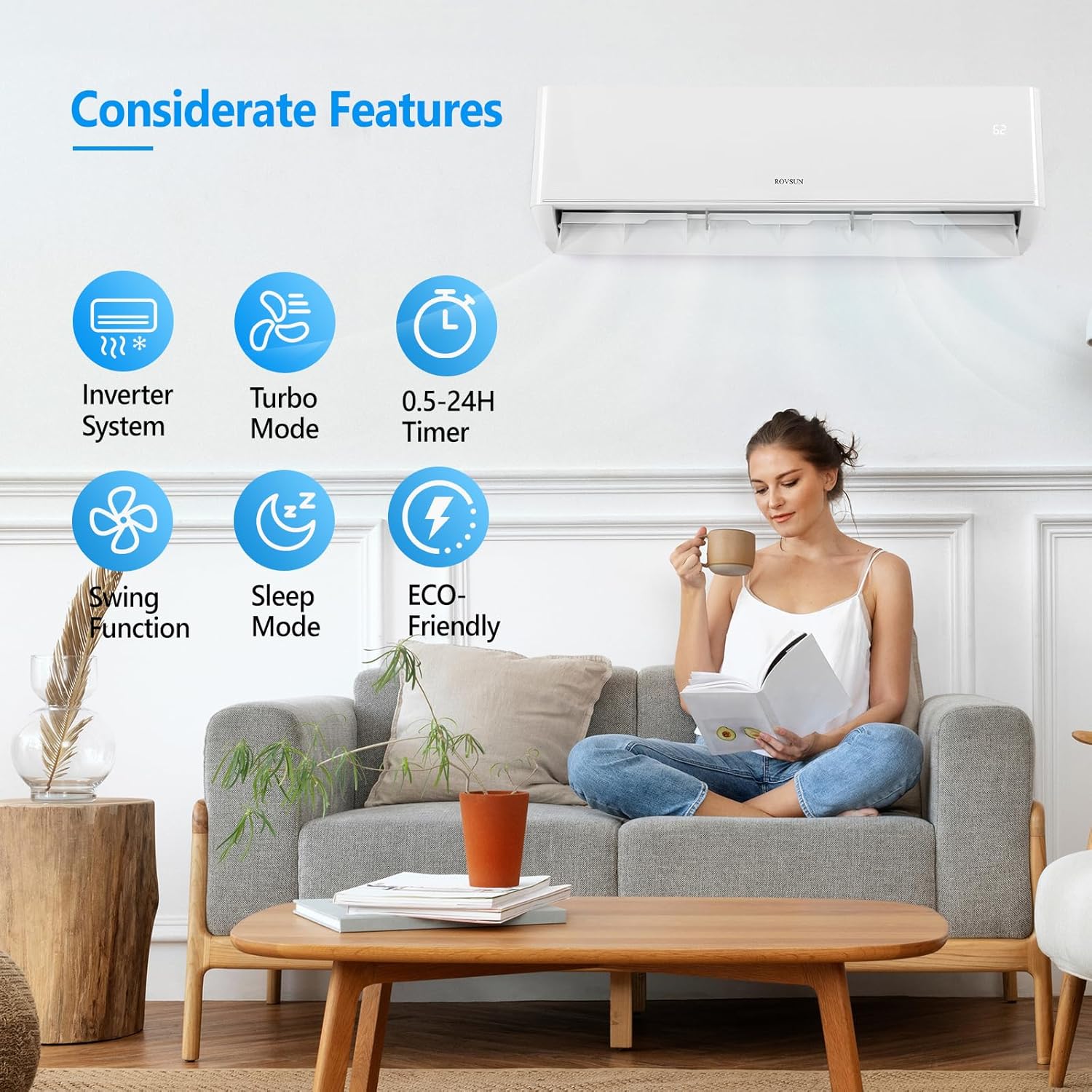 ROVSUN Sistema de calefacción mini split de 12,000 BTU habilitado para WIFI de 22 SEER con inversor, sistema dividido sin conductos de 115 V con
