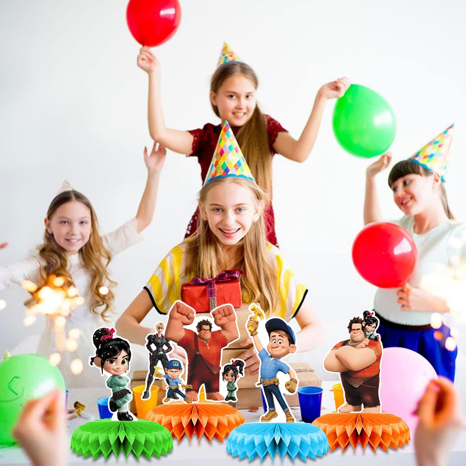 Wreck it Ralph – Decoraciones de fiesta, 7 piezas de centros de mesa con temática de panal de abeja Wreck it Ralph, decoraciones de mesa lateral