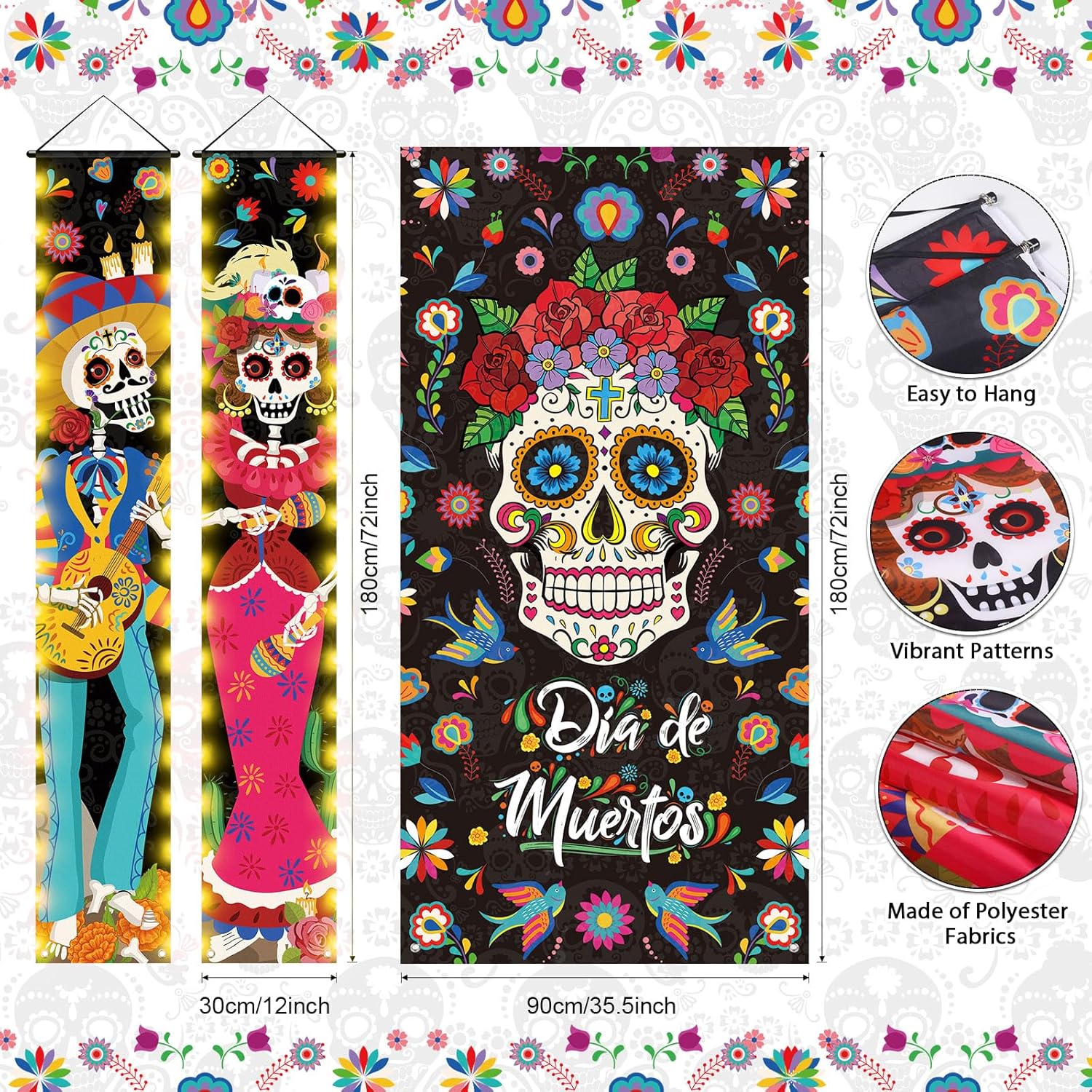 Tiamon 3 carteles de Día de los Muertos con luces LED, decoración de puerta de fiesta mexicana Día de los Muertos, pancarta de puerta de calavera de