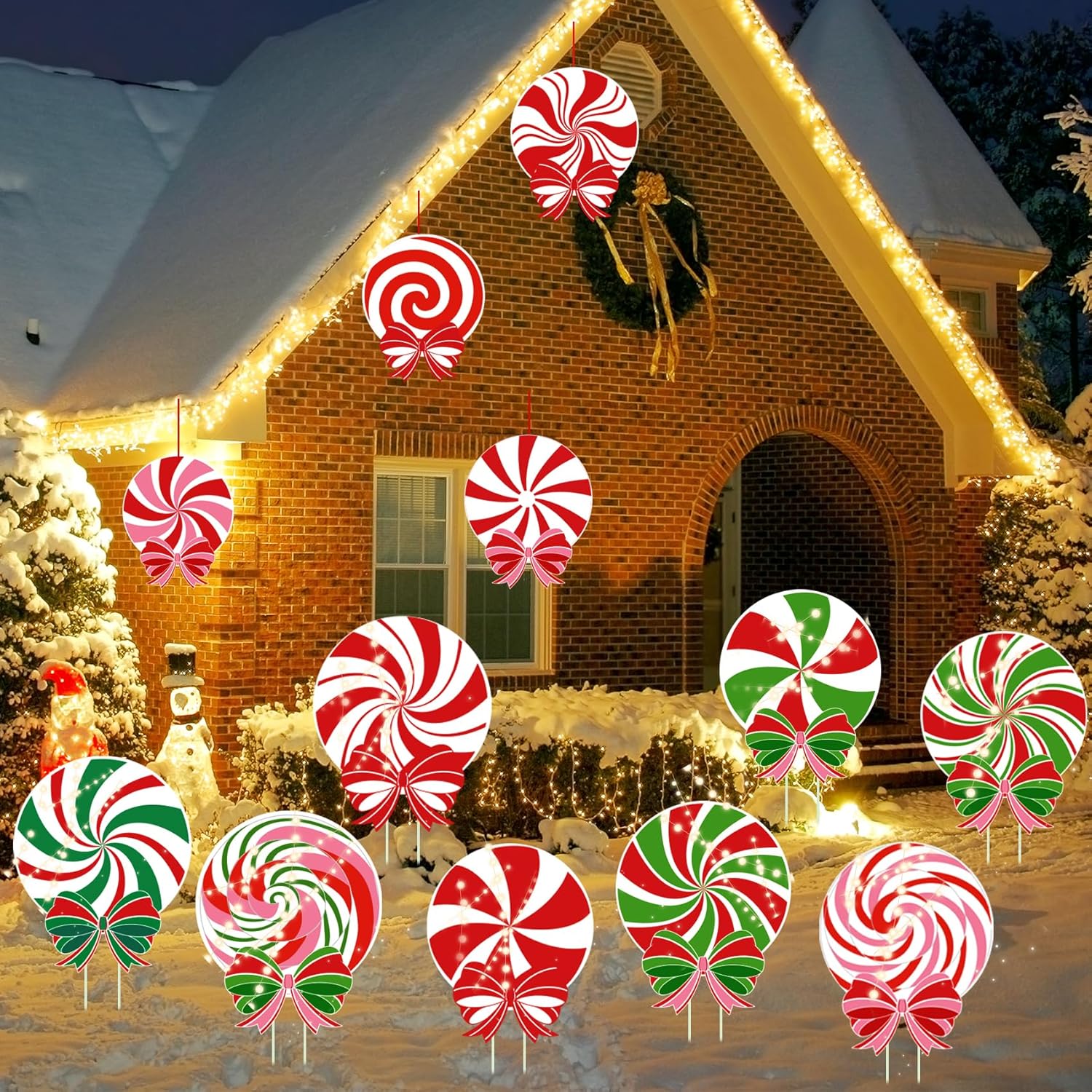 12 carteles de Navidad para patio al aire libre, decoraciones de caramelos, luces LED de menta para exteriores, estacas de Navidad, adornos